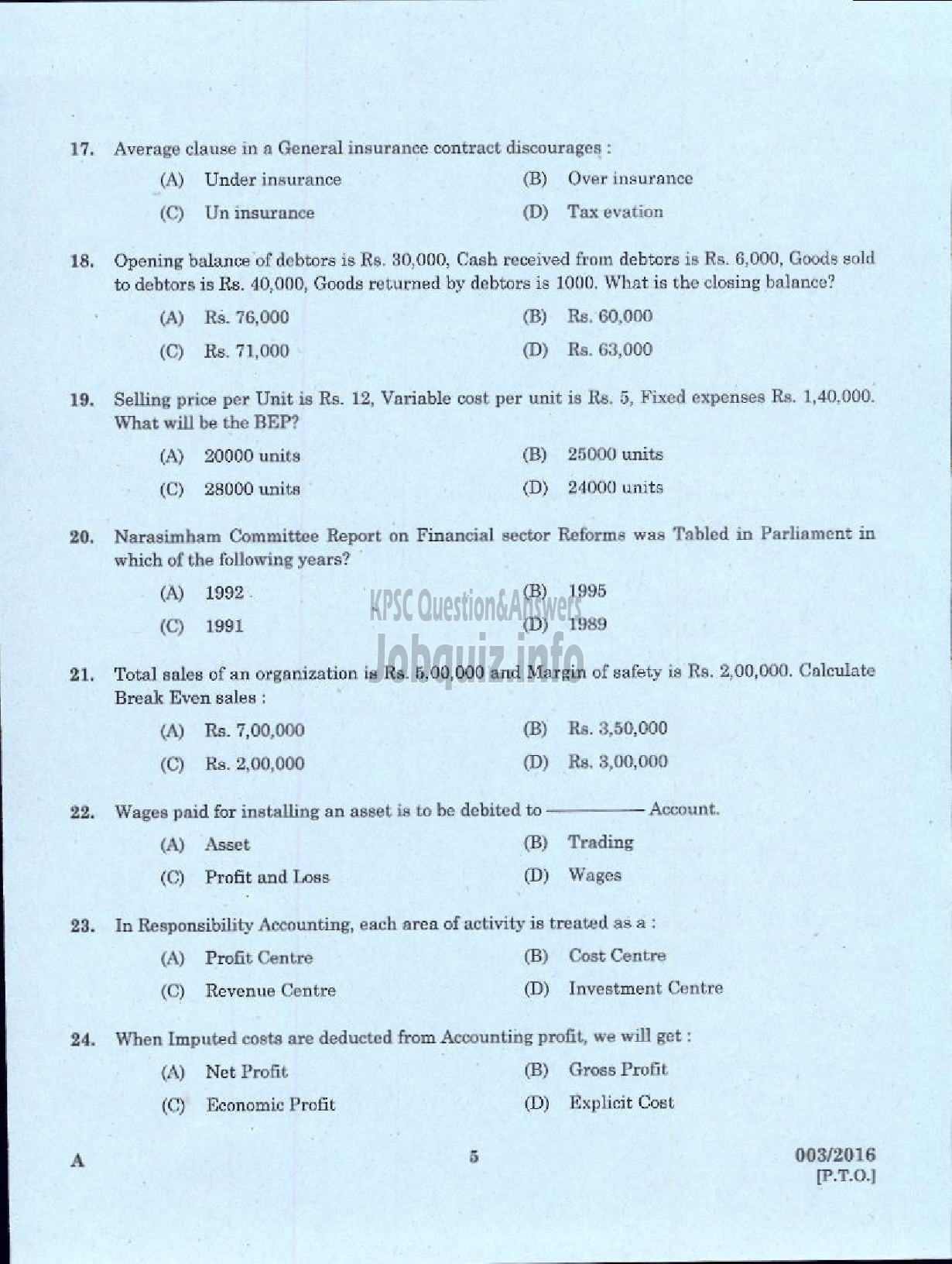 Kerala PSC Question Paper - VOCATIONAL TEACHER IN ACCOUNTANCY AND AUDTING VHSE-3