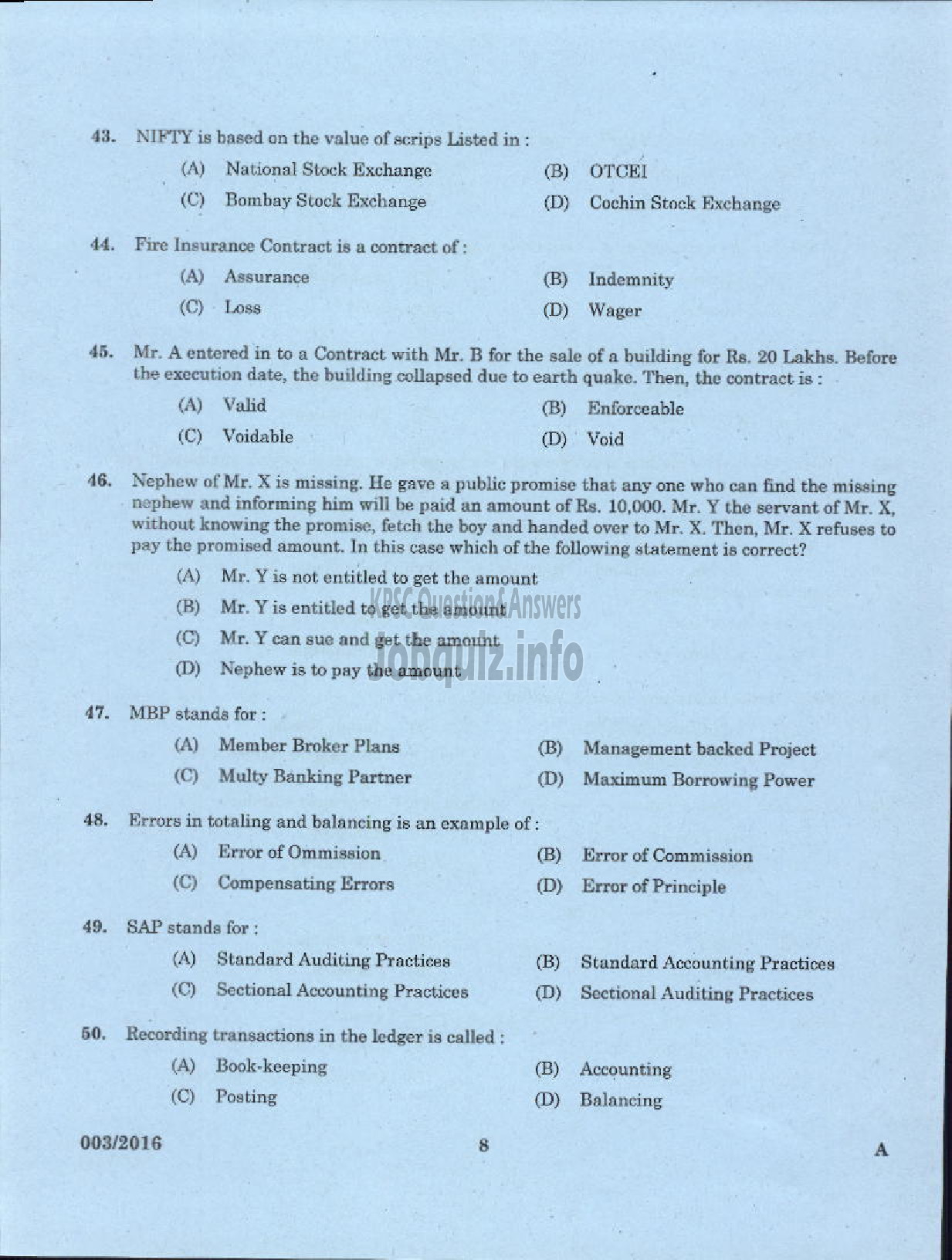 Kerala PSC Question Paper - VOCATIONAL TEACHER IN ACCOUNTANCY AND AUDTING VHSE-6