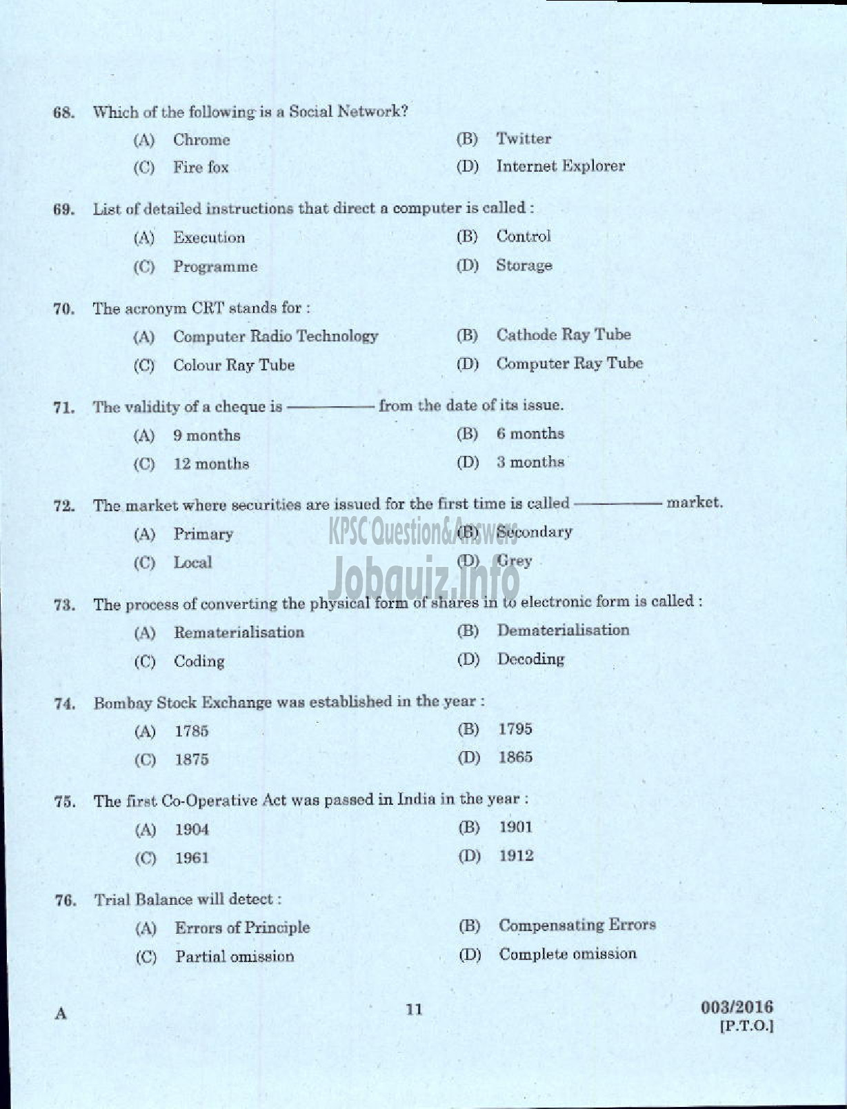 Kerala PSC Question Paper - VOCATIONAL TEACHER IN ACCOUNTANCY AND AUDTING VHSE-9