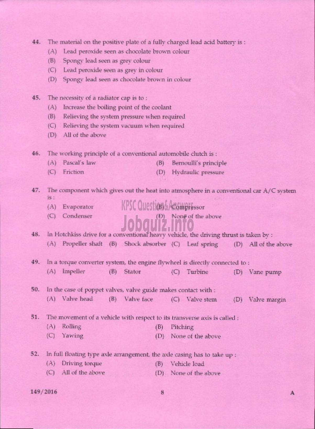 Kerala PSC Question Paper - VOCATIONAL TEACHER MAINTENANCE AND REPAIRS OF AUTOMOBILES KVHSE-6