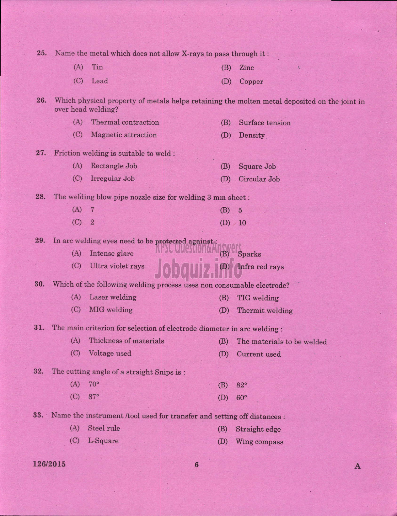 Kerala PSC Question Paper - WELDER STATE WATER TRANSPORT-4