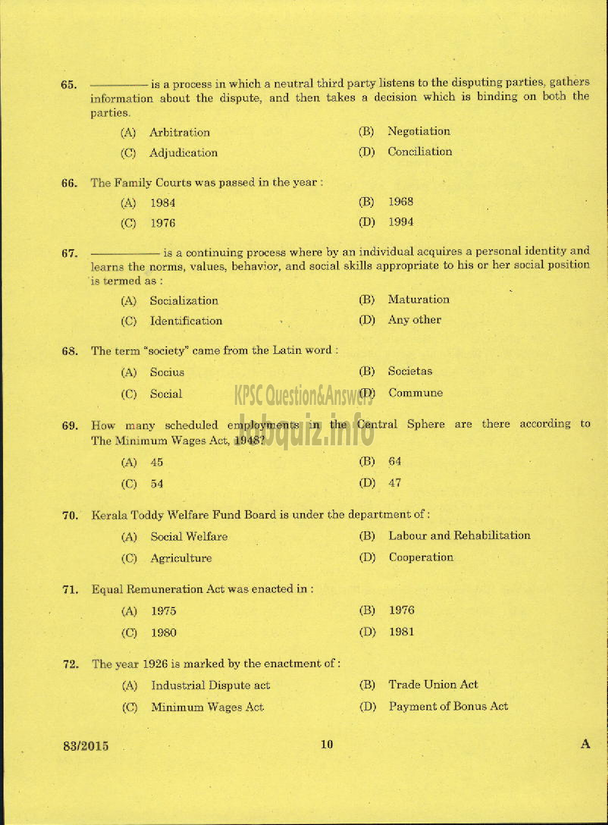 Kerala PSC Question Paper - WELFARE FUND INSPECTOR TODDY WORKERS WELFARE FUND BOARD-8