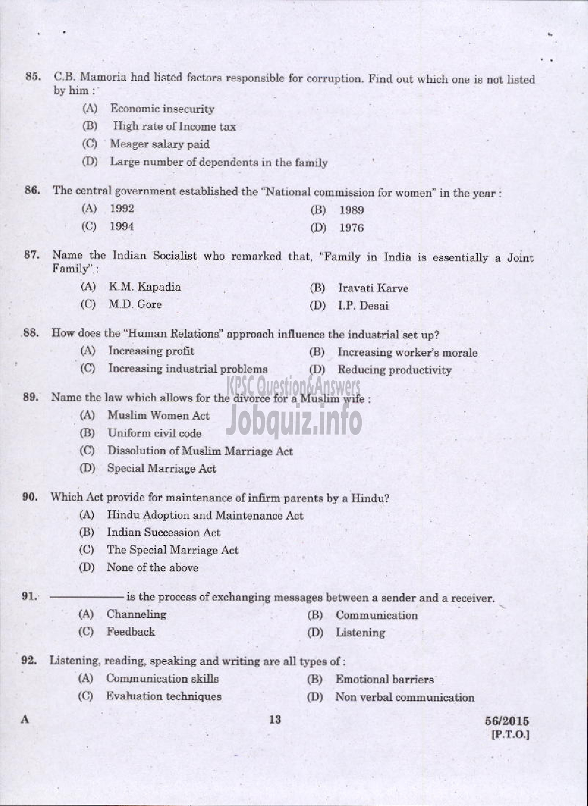 Kerala PSC Question Paper - WELFARE OFFICER PLANTATION CORPORATION OF KERALA LTD-11