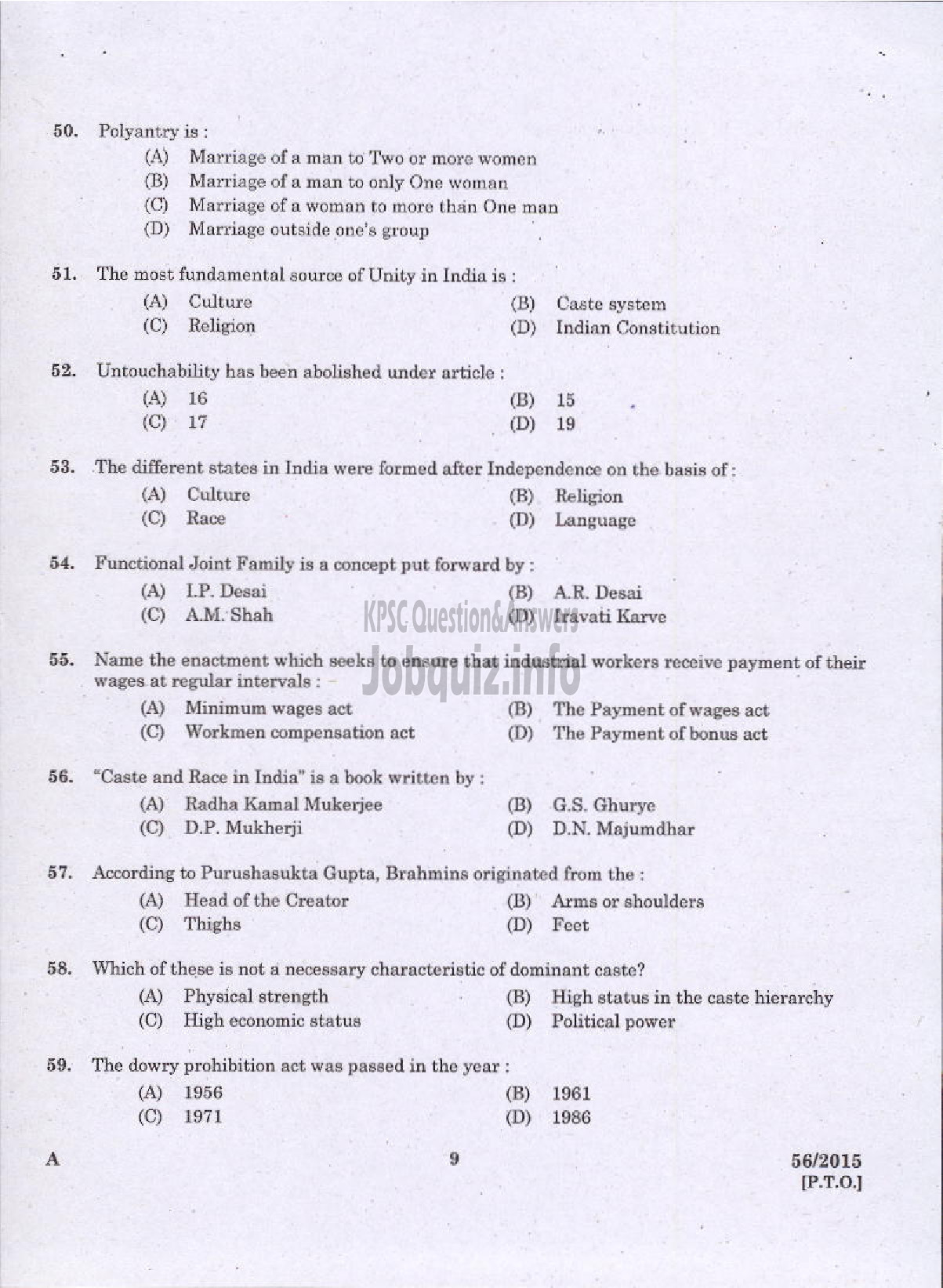 Kerala PSC Question Paper - WELFARE OFFICER PLANTATION CORPORATION OF KERALA LTD-7