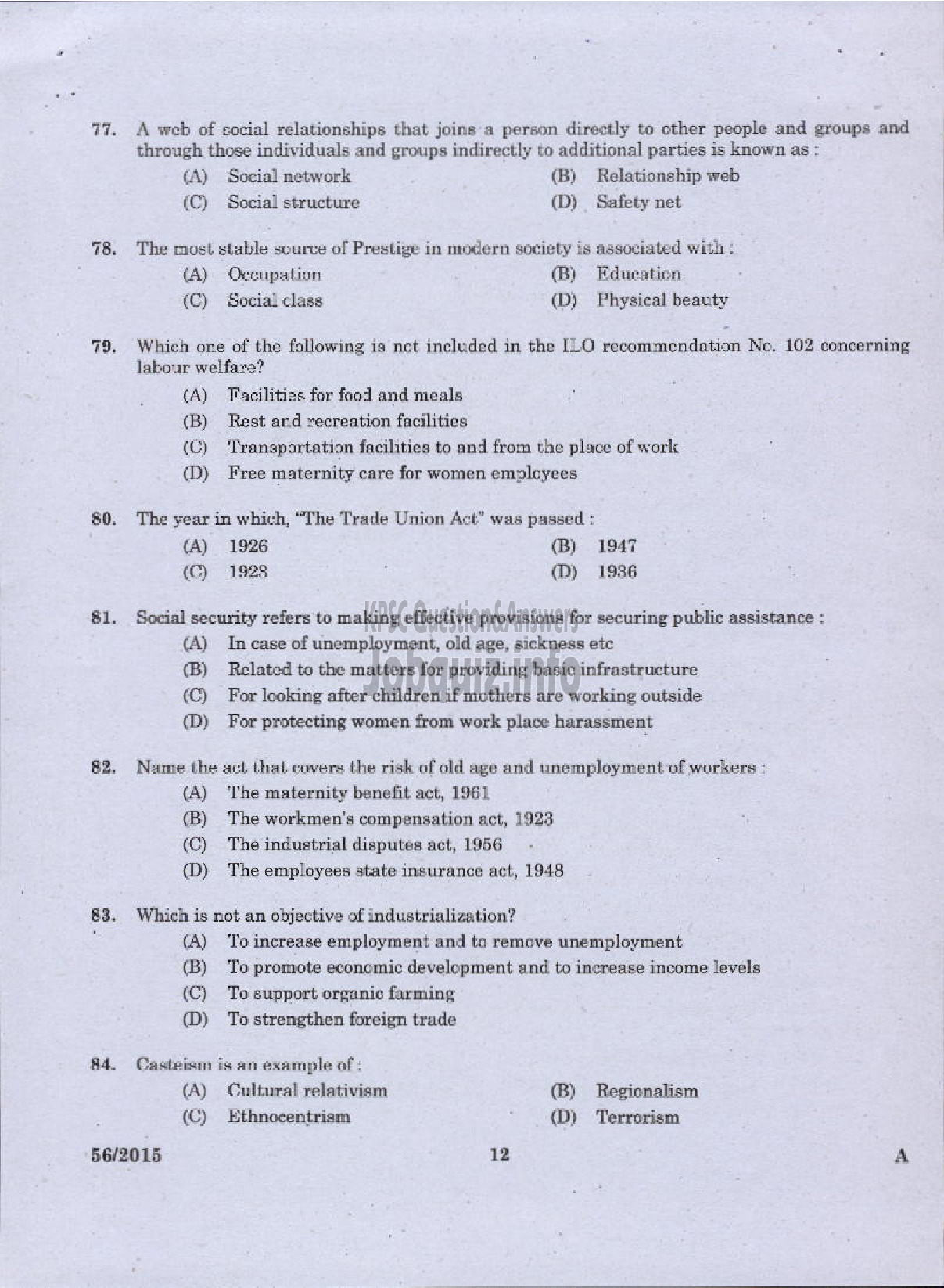 Kerala PSC Question Paper - WELFARE OFFICER PLANTATION CORPORATION OF KERALA LTD-10