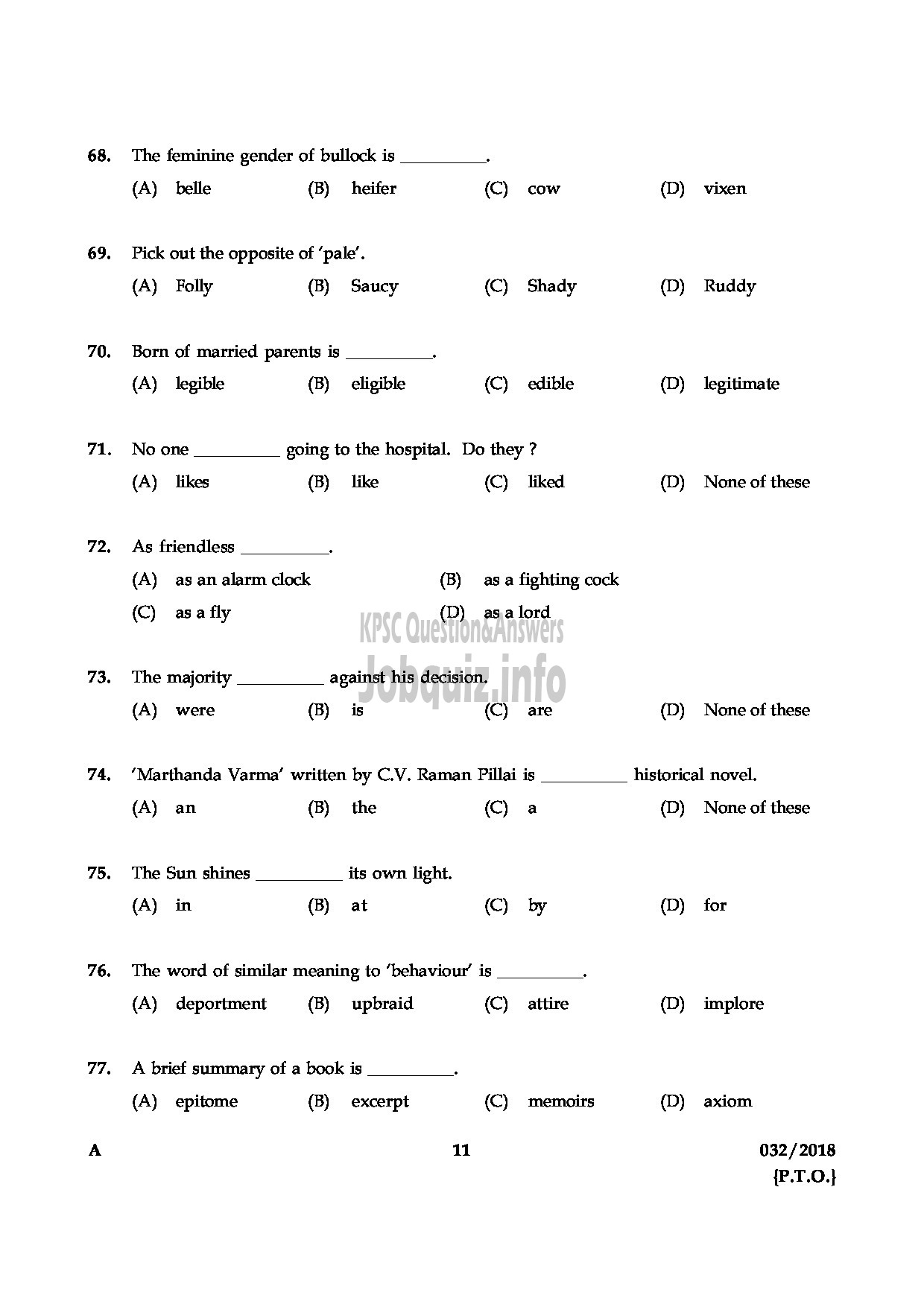 Kerala PSC Question Paper - WOMEN CIVIL EXCISE OFFICER EXCISE-11