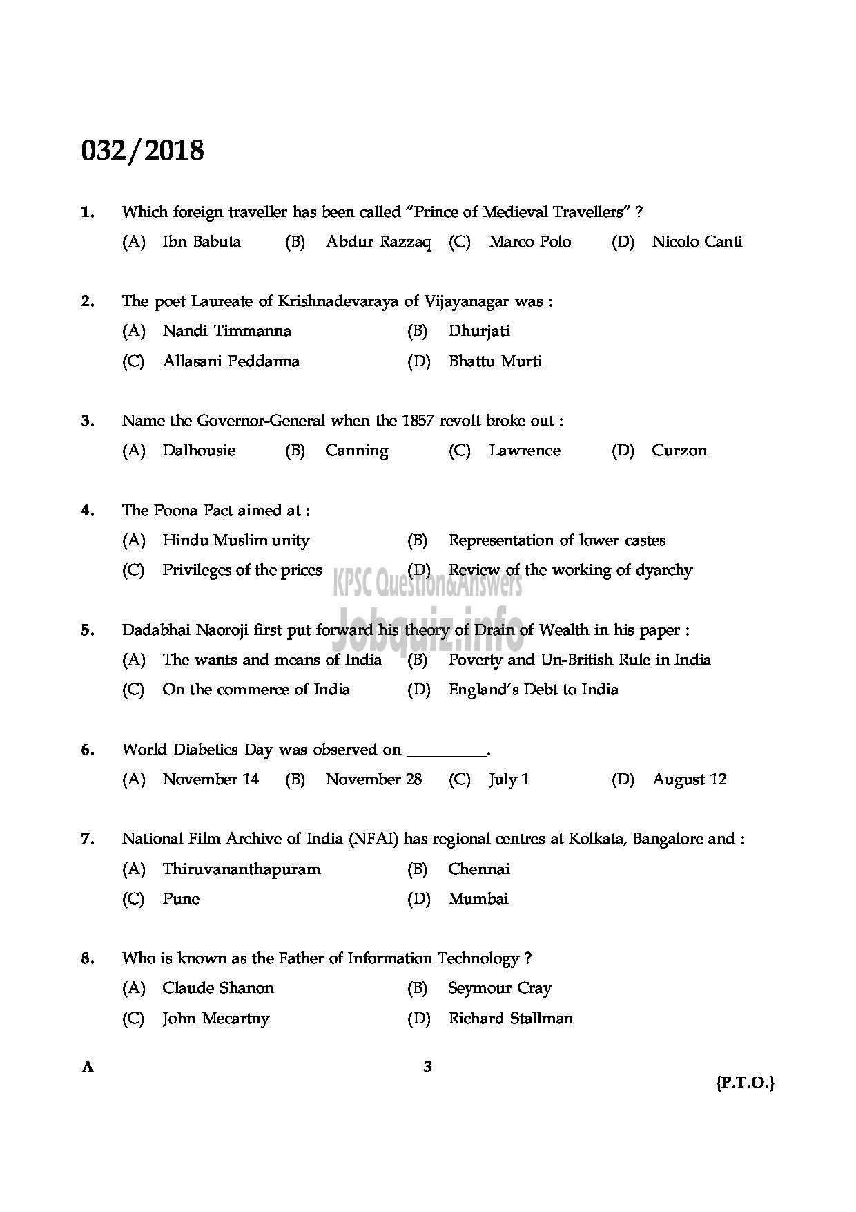 Kerala PSC Question Paper - WOMEN CIVIL EXCISE OFFICER EXCISE-3