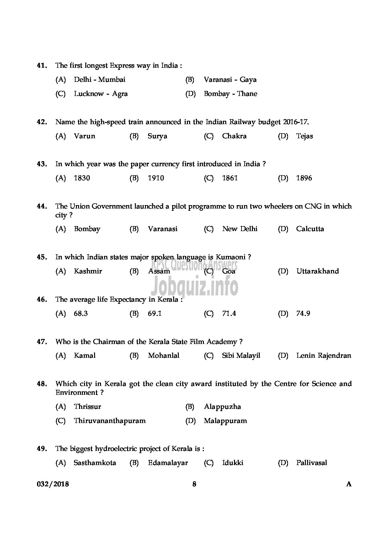 Kerala PSC Question Paper - WOMEN CIVIL EXCISE OFFICER EXCISE-8