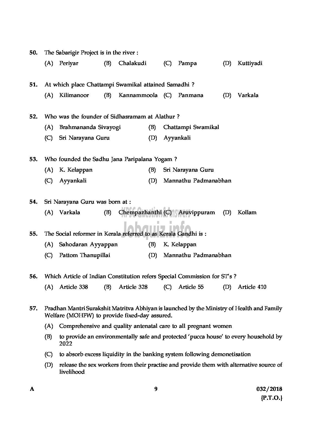 Kerala PSC Question Paper - WOMEN CIVIL EXCISE OFFICER EXCISE-9