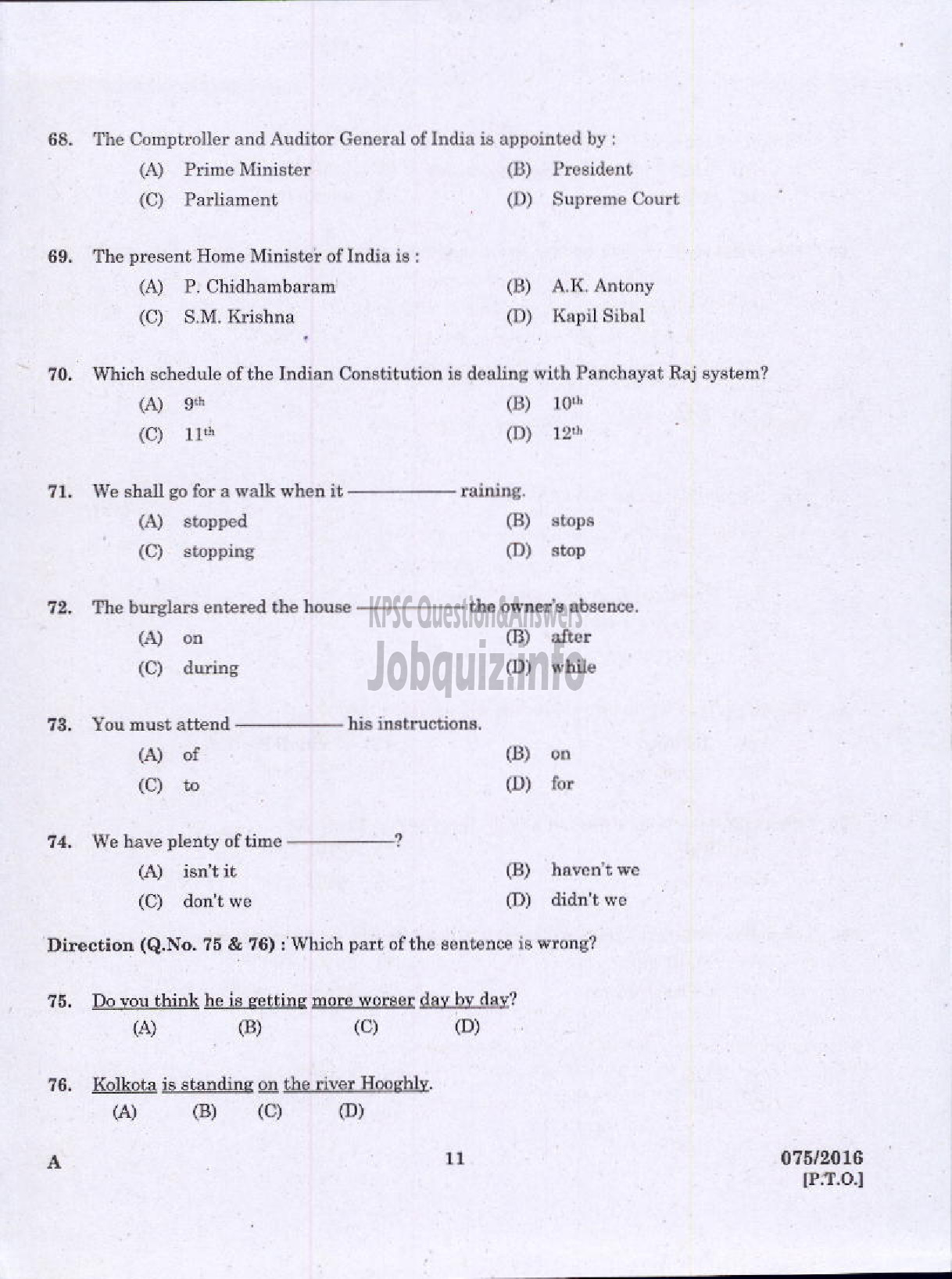 Kerala PSC Question Paper - WOMEN SUB INSPECTOR OF POLICE TRAINEE POLICE-9