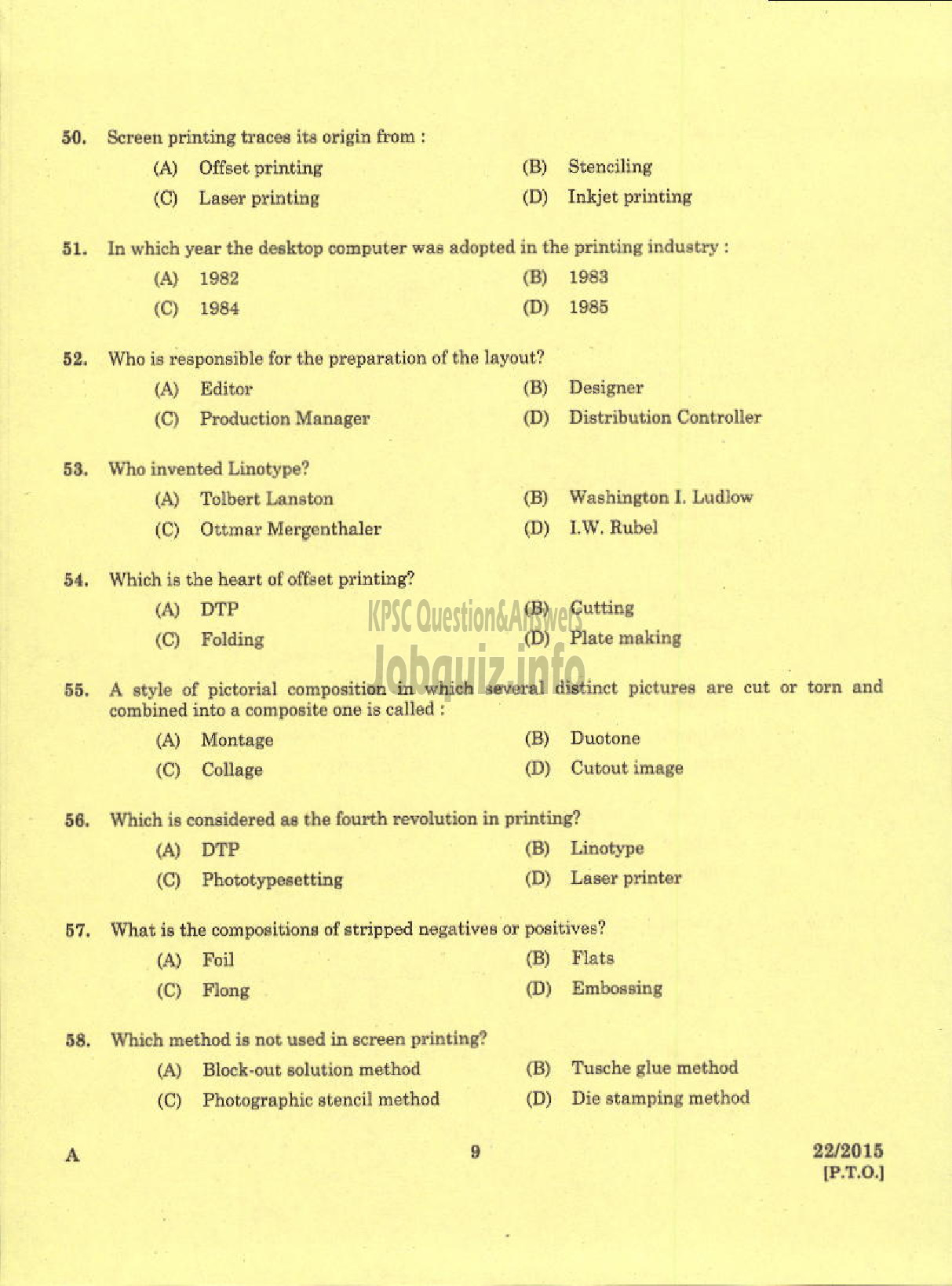 Kerala PSC Question Paper - WORKSHOP INSTRUCTOR / DEMONSTRATOR PRINTING TECHNOLOGY KERALA TECHNICAL EDUCATION-7