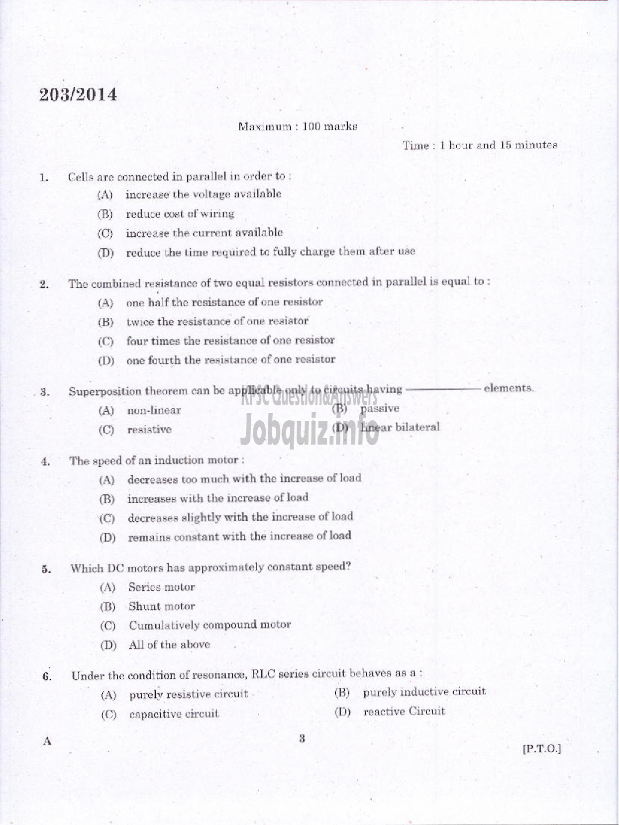Kerala PSC Question Paper - WORKSHOP INSTRUCTOR/INSTUCTOR GARDE II/DEMONSTRATOR/DRAFTSMAN GR II ELECTRICAL ENGINEERING TED-1