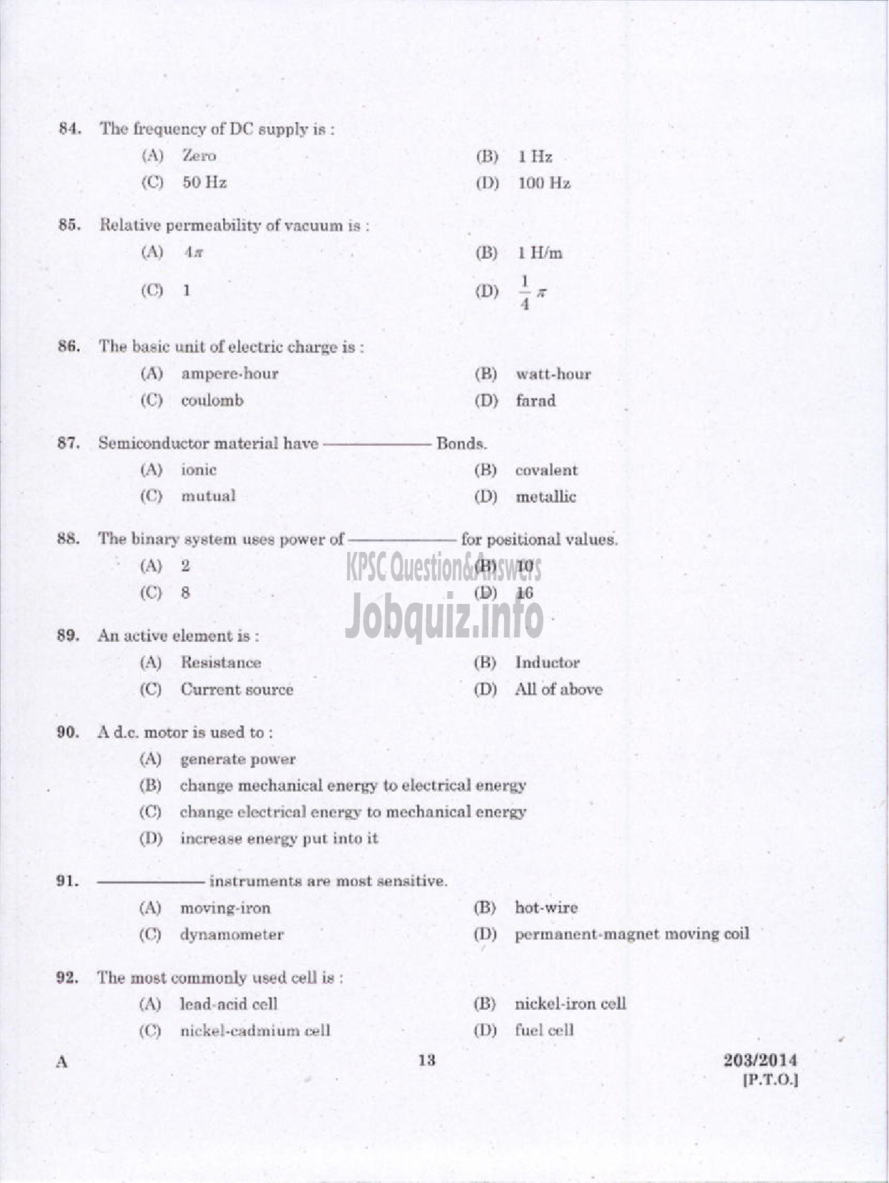 Kerala PSC Question Paper - WORKSHOP INSTRUCTOR/INSTUCTOR GARDE II/DEMONSTRATOR/DRAFTSMAN GR II ELECTRICAL ENGINEERING TED-11