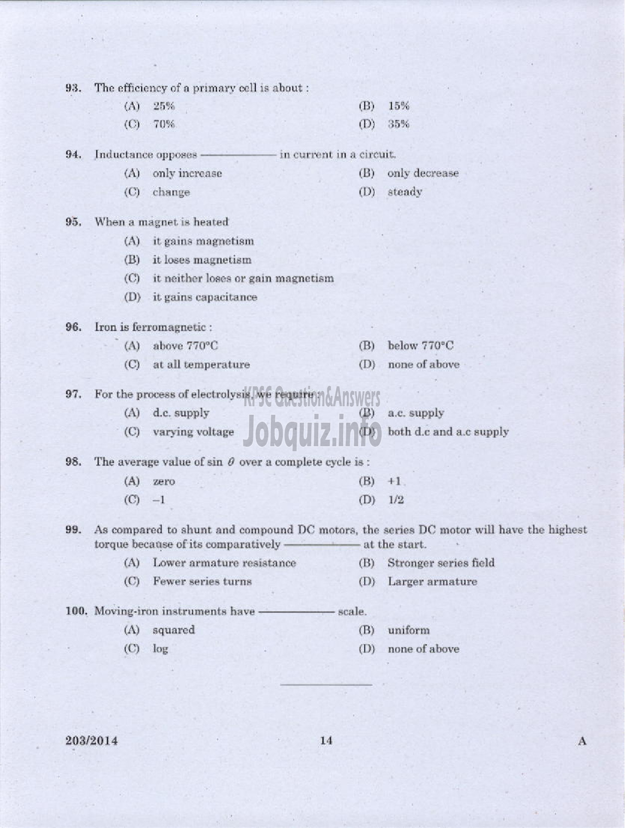 Kerala PSC Question Paper - WORKSHOP INSTRUCTOR/INSTUCTOR GARDE II/DEMONSTRATOR/DRAFTSMAN GR II ELECTRICAL ENGINEERING TED-12