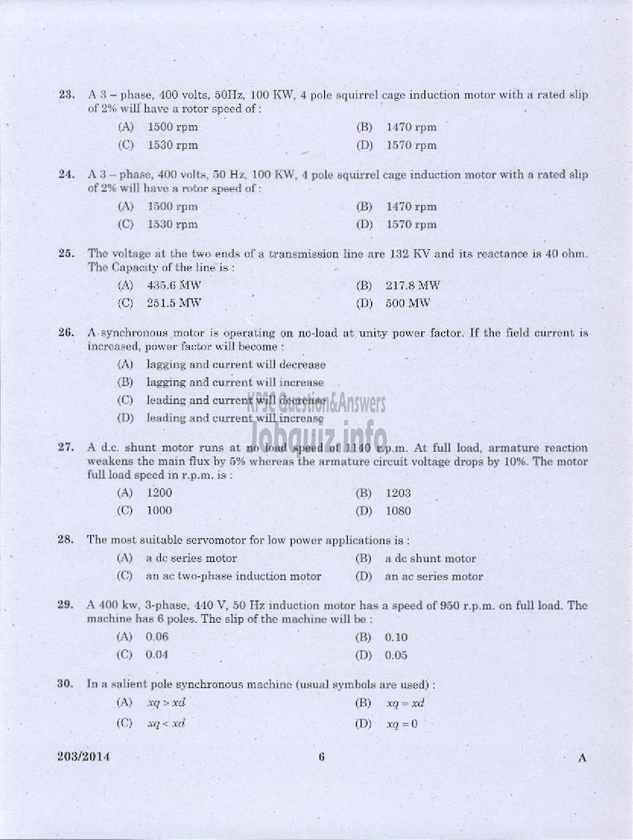 Kerala PSC Question Paper - WORKSHOP INSTRUCTOR/INSTUCTOR GARDE II/DEMONSTRATOR/DRAFTSMAN GR II ELECTRICAL ENGINEERING TED-4