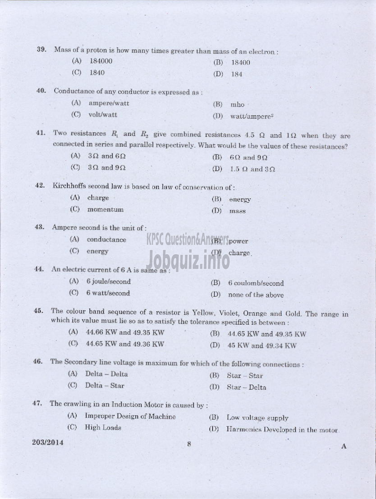 Kerala PSC Question Paper - WORKSHOP INSTRUCTOR/INSTUCTOR GARDE II/DEMONSTRATOR/DRAFTSMAN GR II ELECTRICAL ENGINEERING TED-6
