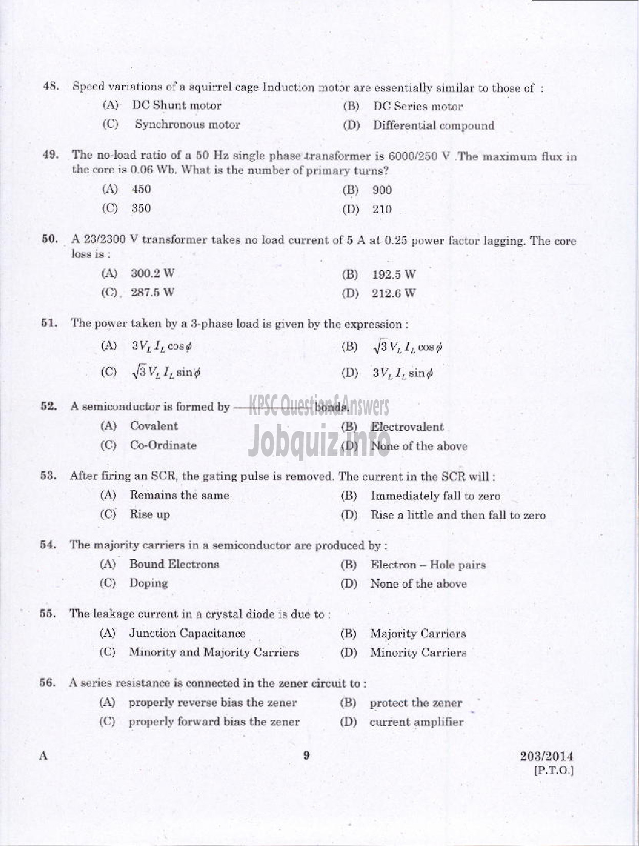Kerala PSC Question Paper - WORKSHOP INSTRUCTOR/INSTUCTOR GARDE II/DEMONSTRATOR/DRAFTSMAN GR II ELECTRICAL ENGINEERING TED-7