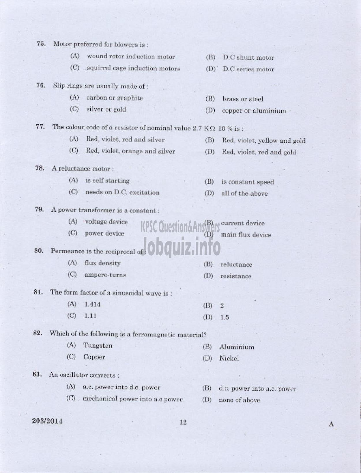 Kerala PSC Question Paper - WORKSHOP INSTRUCTOR/INSTUCTOR GARDE II/DEMONSTRATOR/DRAFTSMAN GR II ELECTRICAL ENGINEERING TED-10