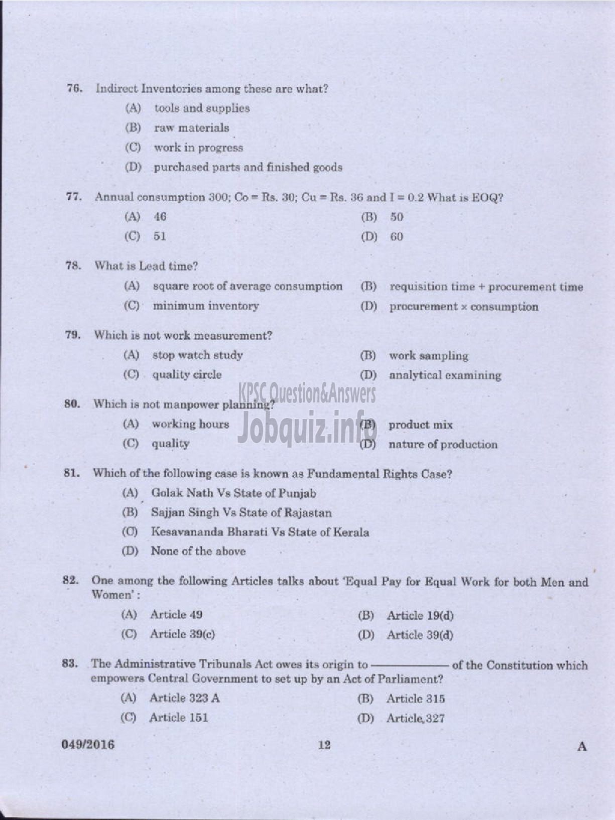 Kerala PSC Question Paper - WORKS MANAGER STATE WATER TRANSPORT-10