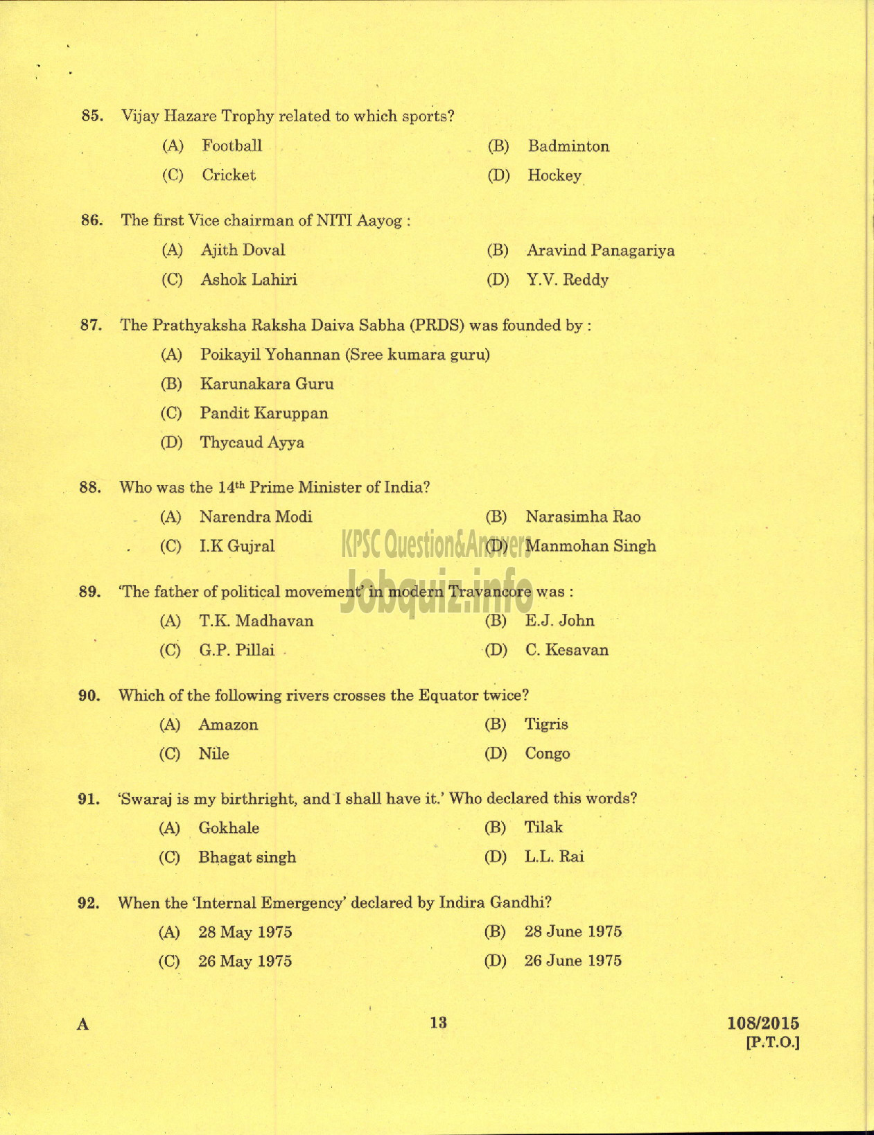 Kerala PSC Question Paper - WORK SUPERINTENDENT AGRICULTURE-11