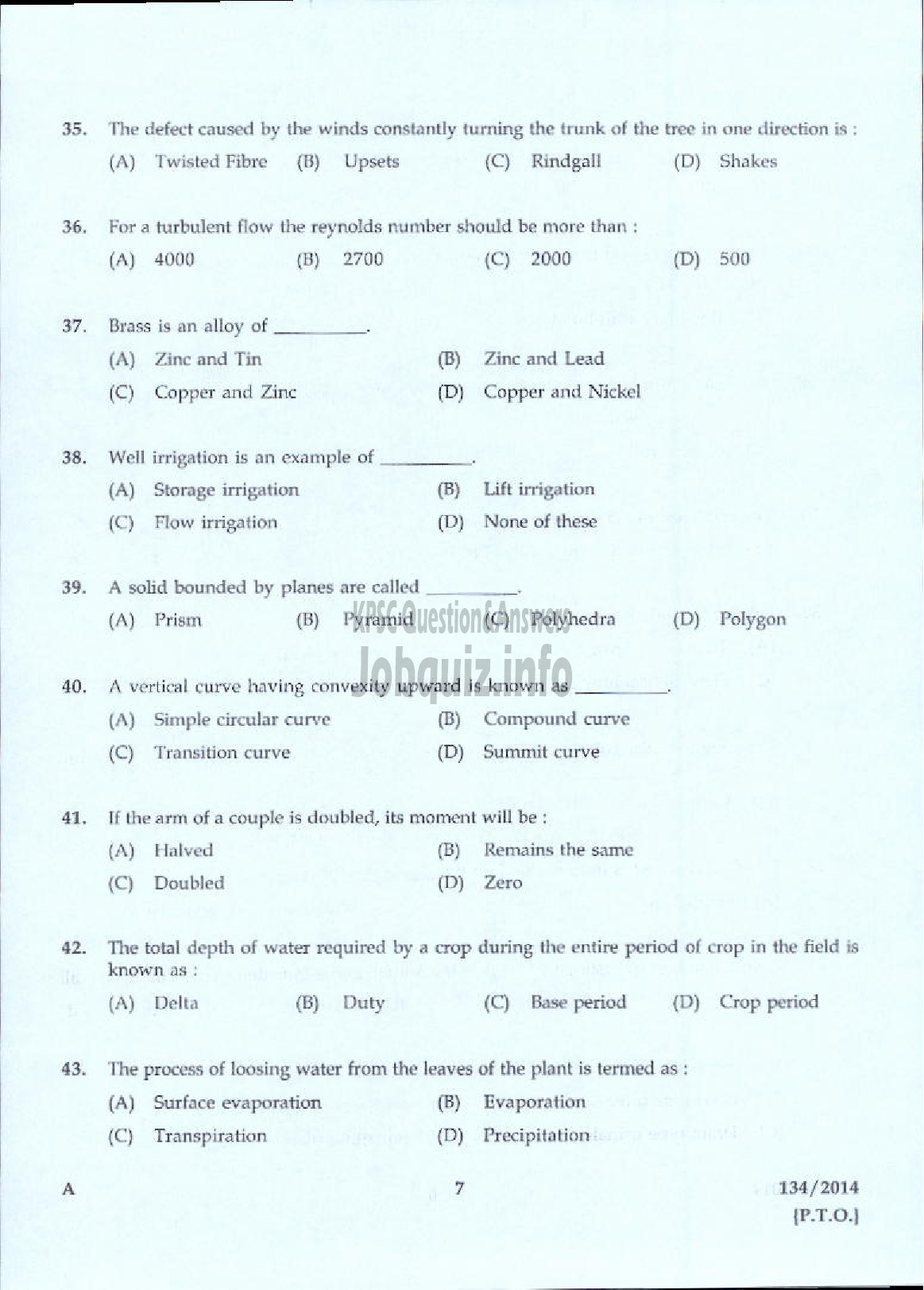 Kerala PSC Question Paper - WORK SUPERINTENDENT AGRICULTURE KTM AND PKD-5