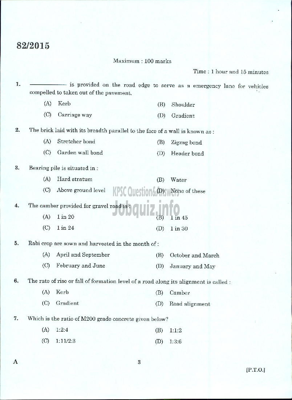 Kerala PSC Question Paper - WORK SUPERINTENDENT AGRICULTURE SOIL CONSERVATION UNIT-1