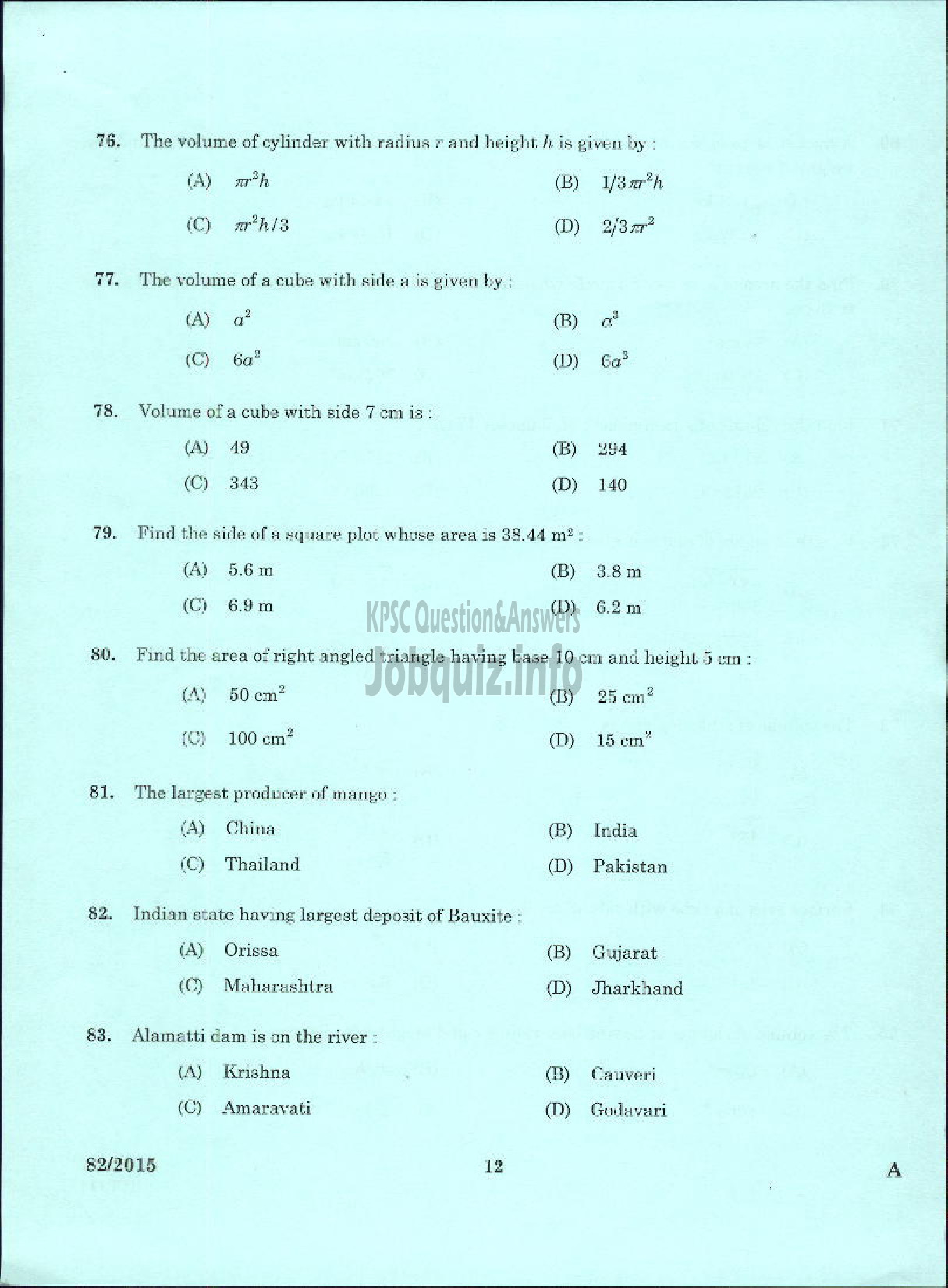 Kerala PSC Question Paper - WORK SUPERINTENDENT AGRICULTURE SOIL CONSERVATION UNIT-10