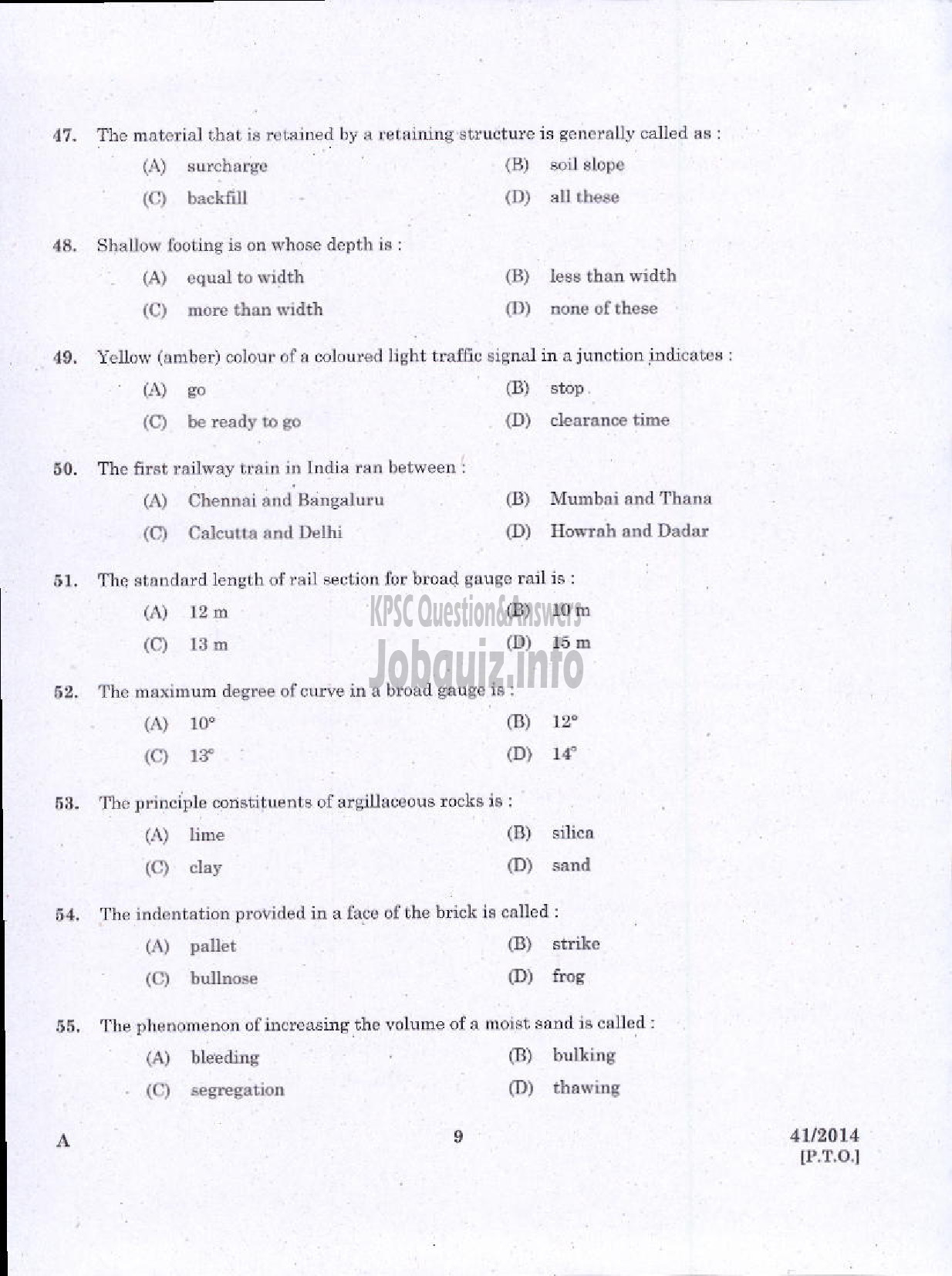 Kerala PSC Question Paper - WORK SUPERVISOR OVERSEER GRADE II DRAUGHTSMAN GRADE II-7