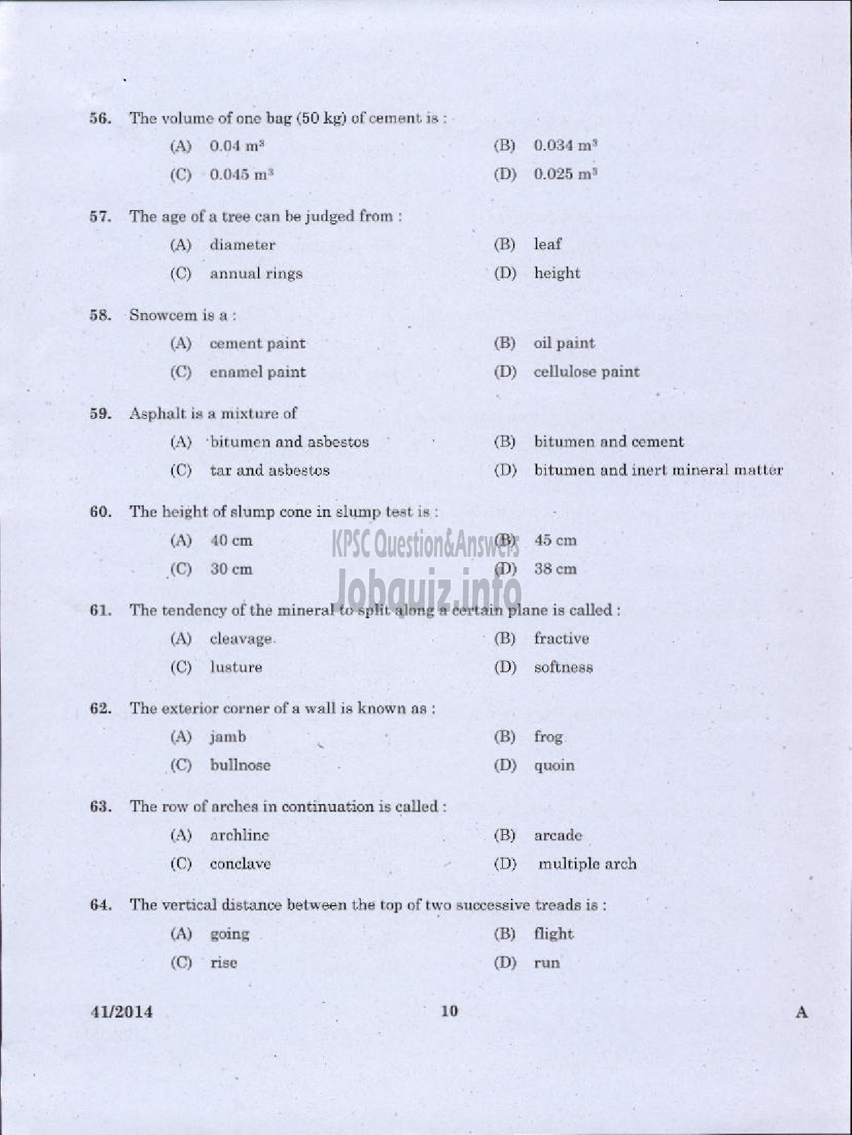 Kerala PSC Question Paper - WORK SUPERVISOR OVERSEER GRADE II DRAUGHTSMAN GRADE II-8