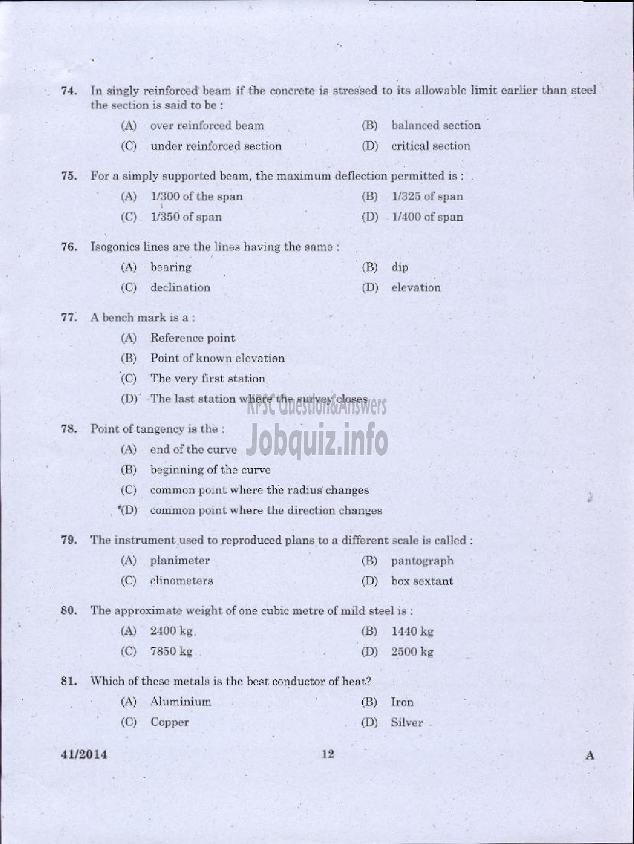 Kerala PSC Question Paper - WORK SUPERVISOR OVERSEER GRADE II DRAUGHTSMAN GRADE II-10