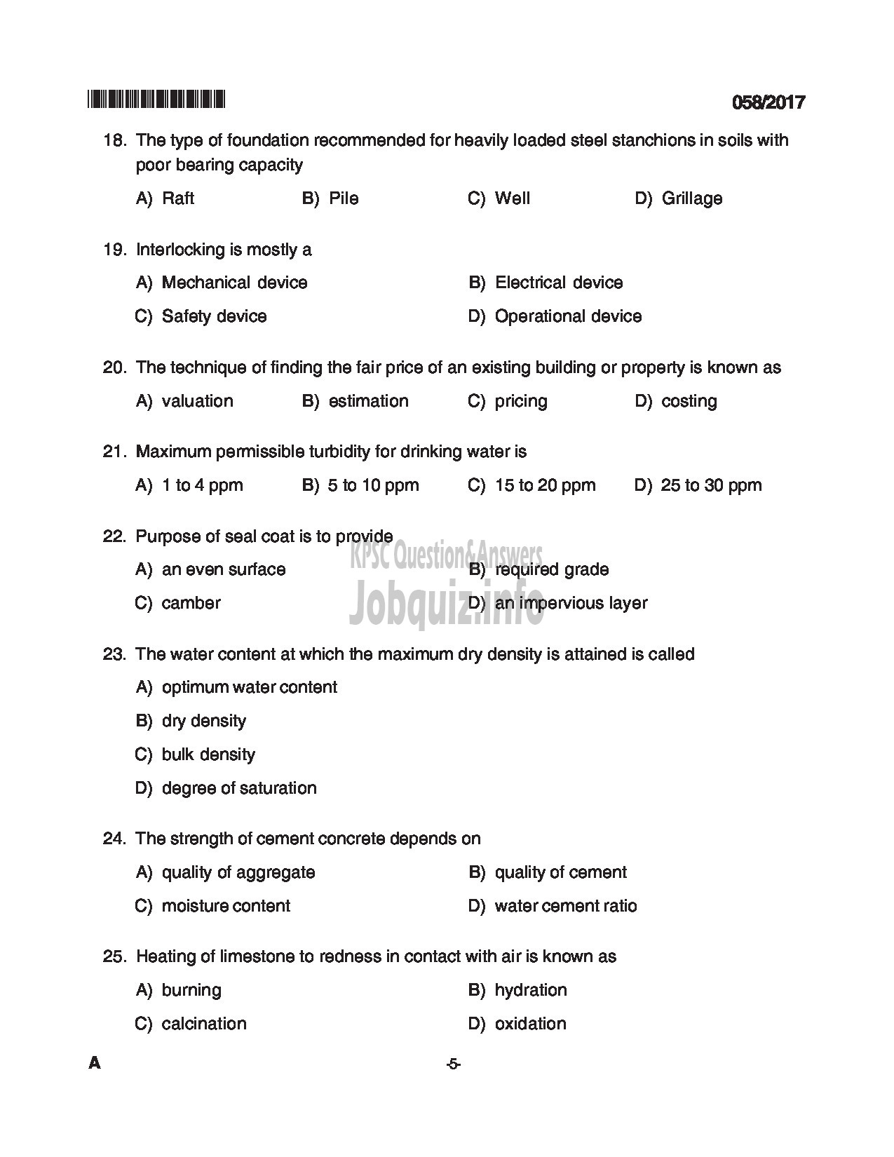 Kerala PSC Question Paper - WORK SUPERVISOR STATE FARMING CORPORATION LTD QUESTION PAPER-5