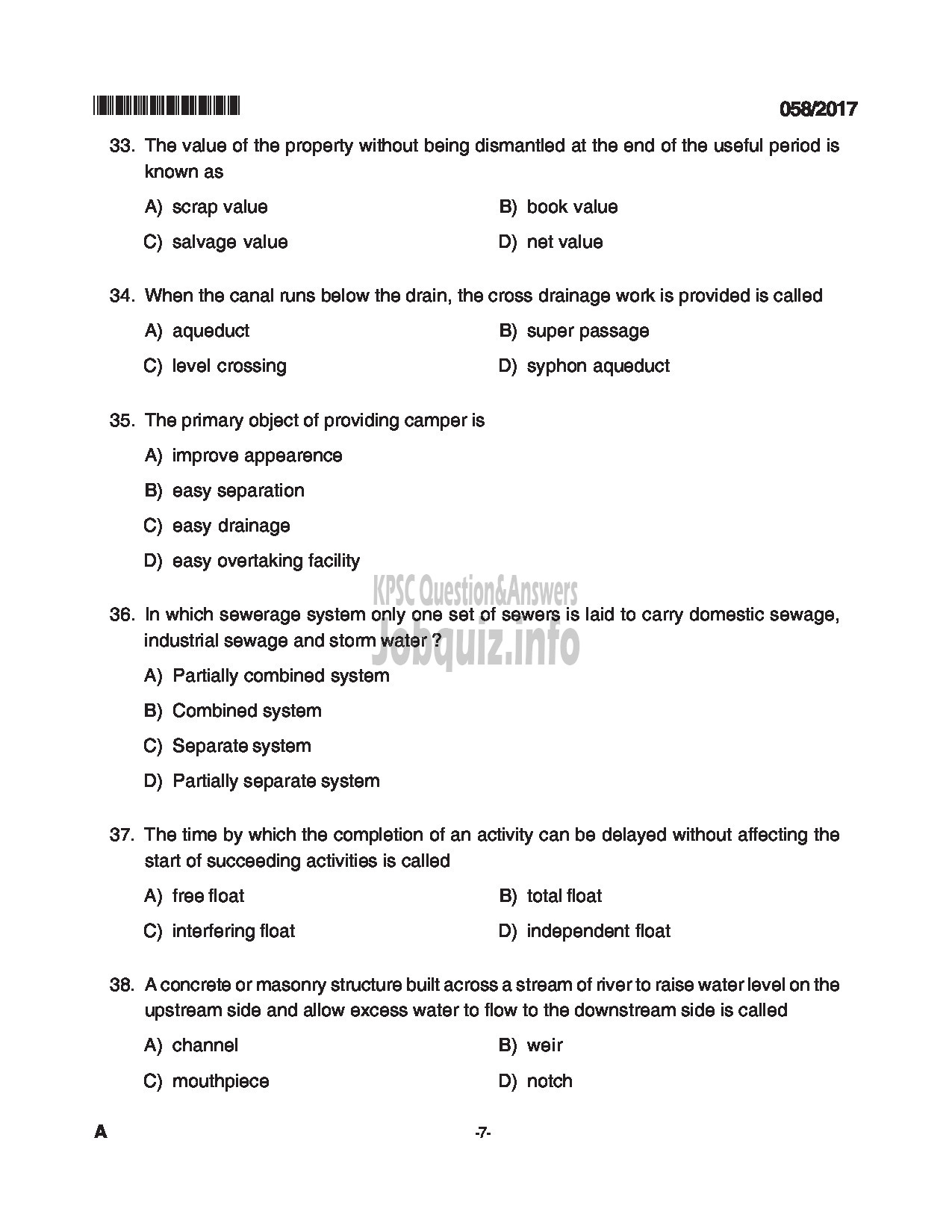 Kerala PSC Question Paper - WORK SUPERVISOR STATE FARMING CORPORATION LTD QUESTION PAPER-7