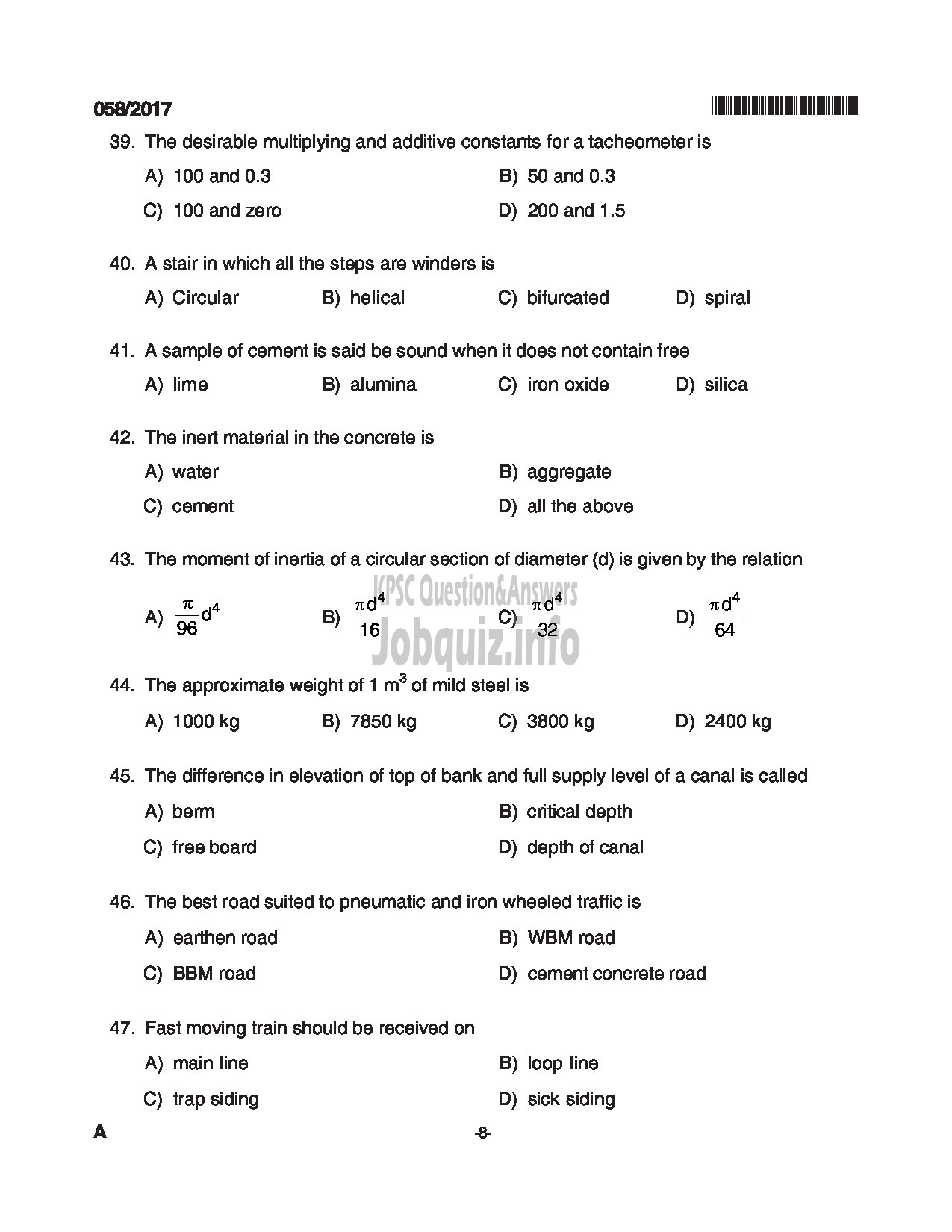 Kerala PSC Question Paper - WORK SUPERVISOR STATE FARMING CORPORATION LTD QUESTION PAPER-8