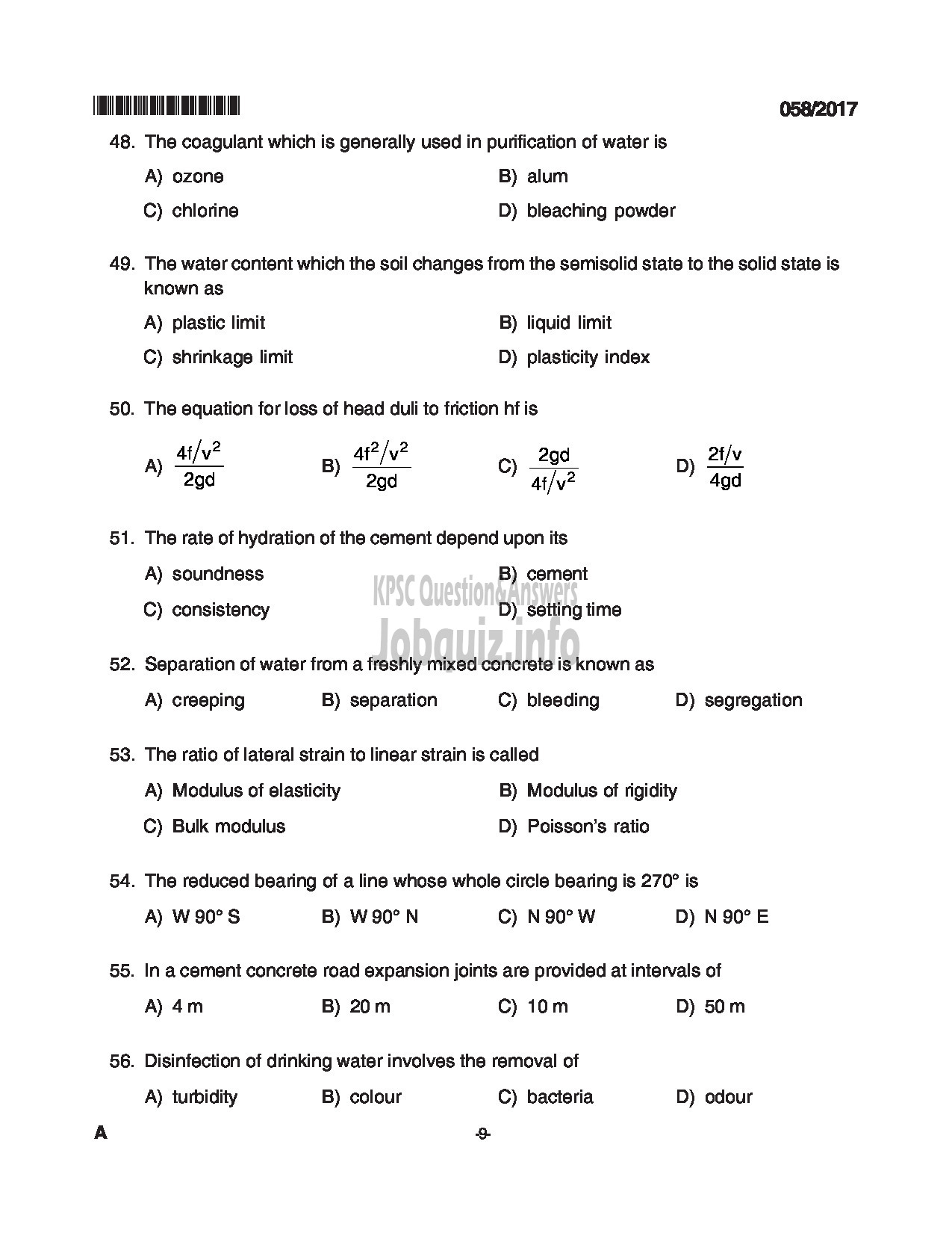 Kerala PSC Question Paper - WORK SUPERVISOR STATE FARMING CORPORATION LTD QUESTION PAPER-9