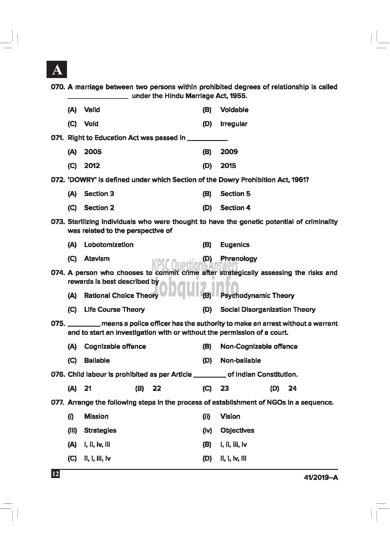 Kerala PSC Question Paper - Welfare Officer Gr.II Jail English -12