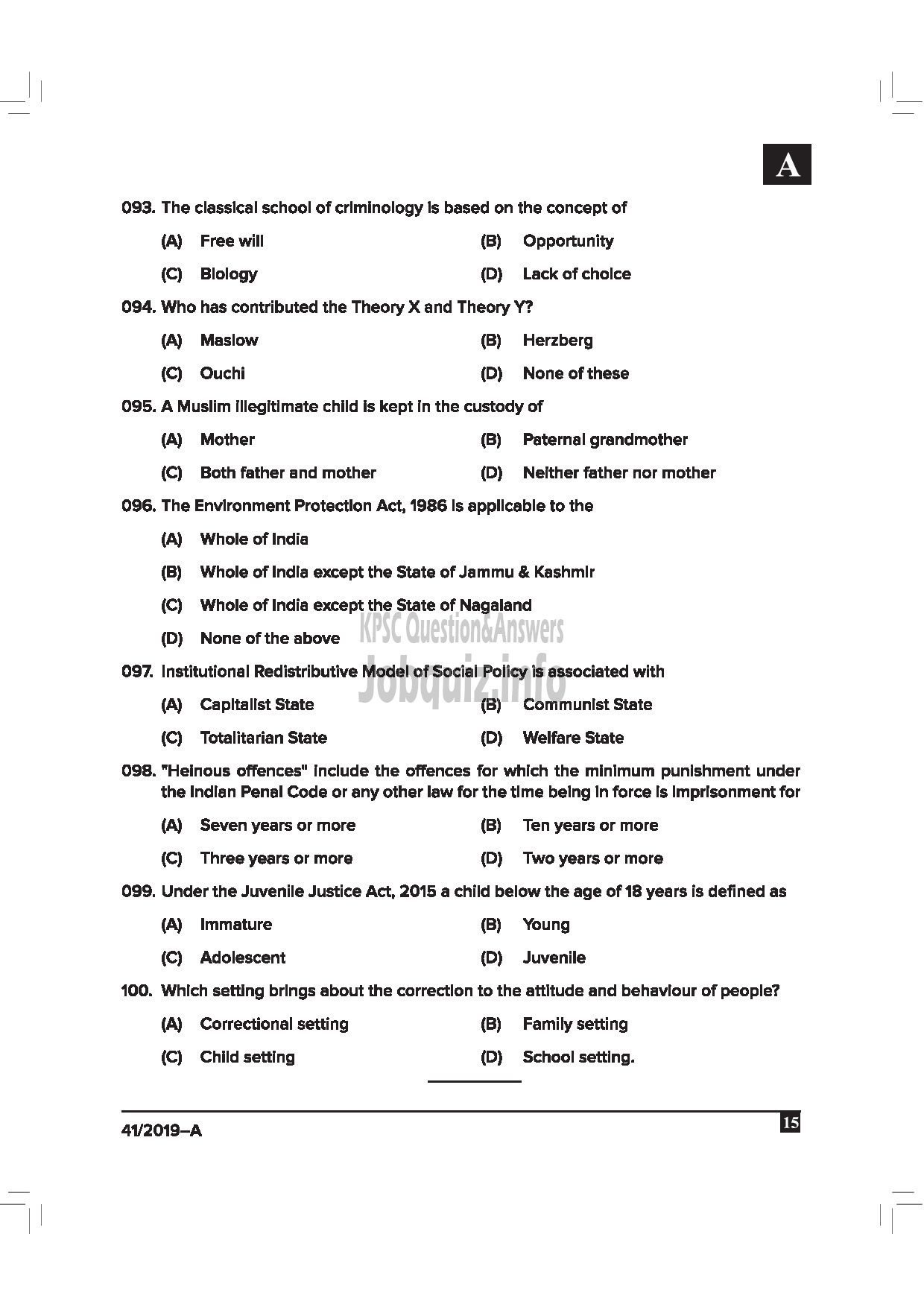 Kerala PSC Question Paper - Welfare Officer Gr.II Jail English -15