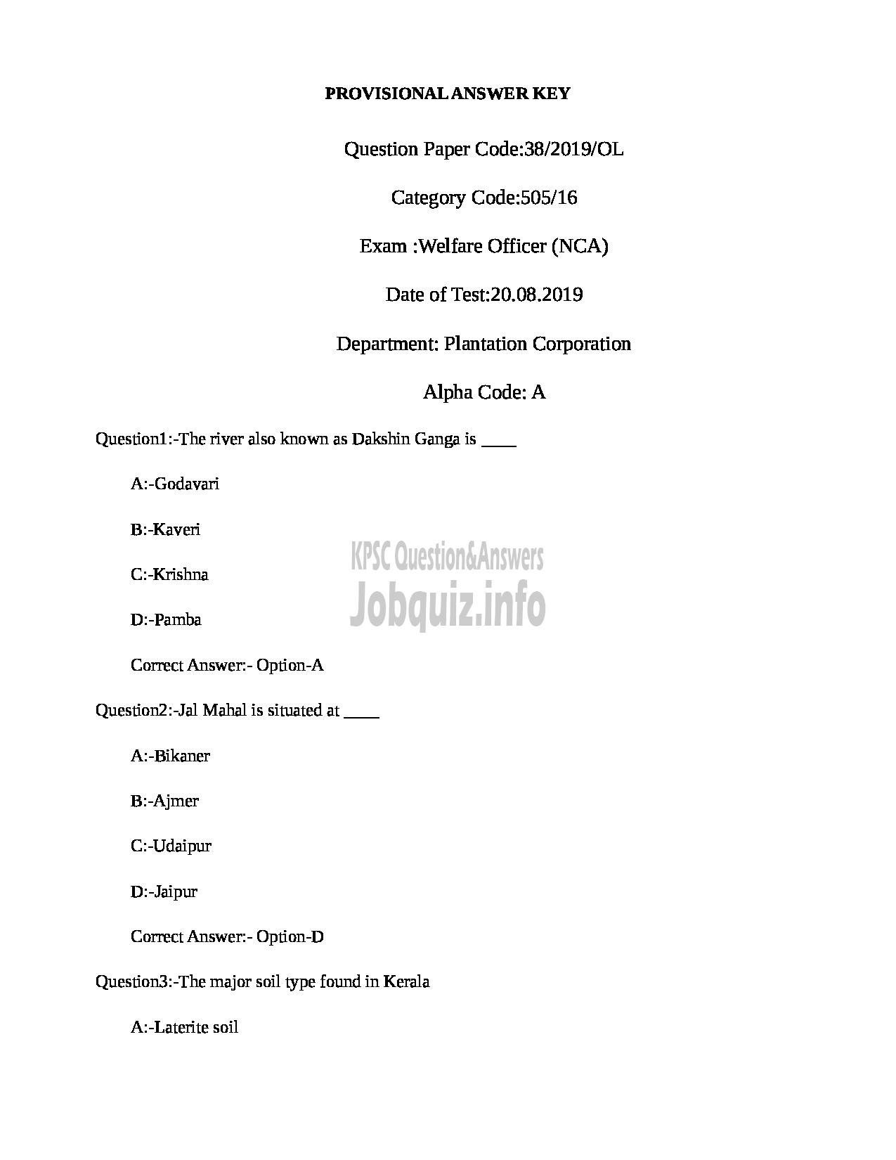 Kerala PSC Question Paper - Welfare Officer (NCA) Plantation Corporation-1