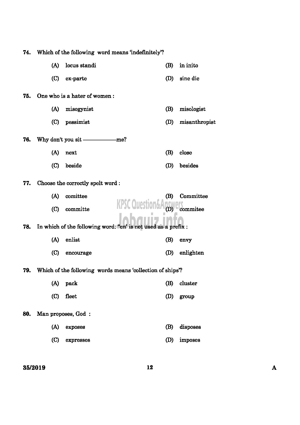 Kerala PSC Question Paper - Women Civil Excise Officer Excise English -10