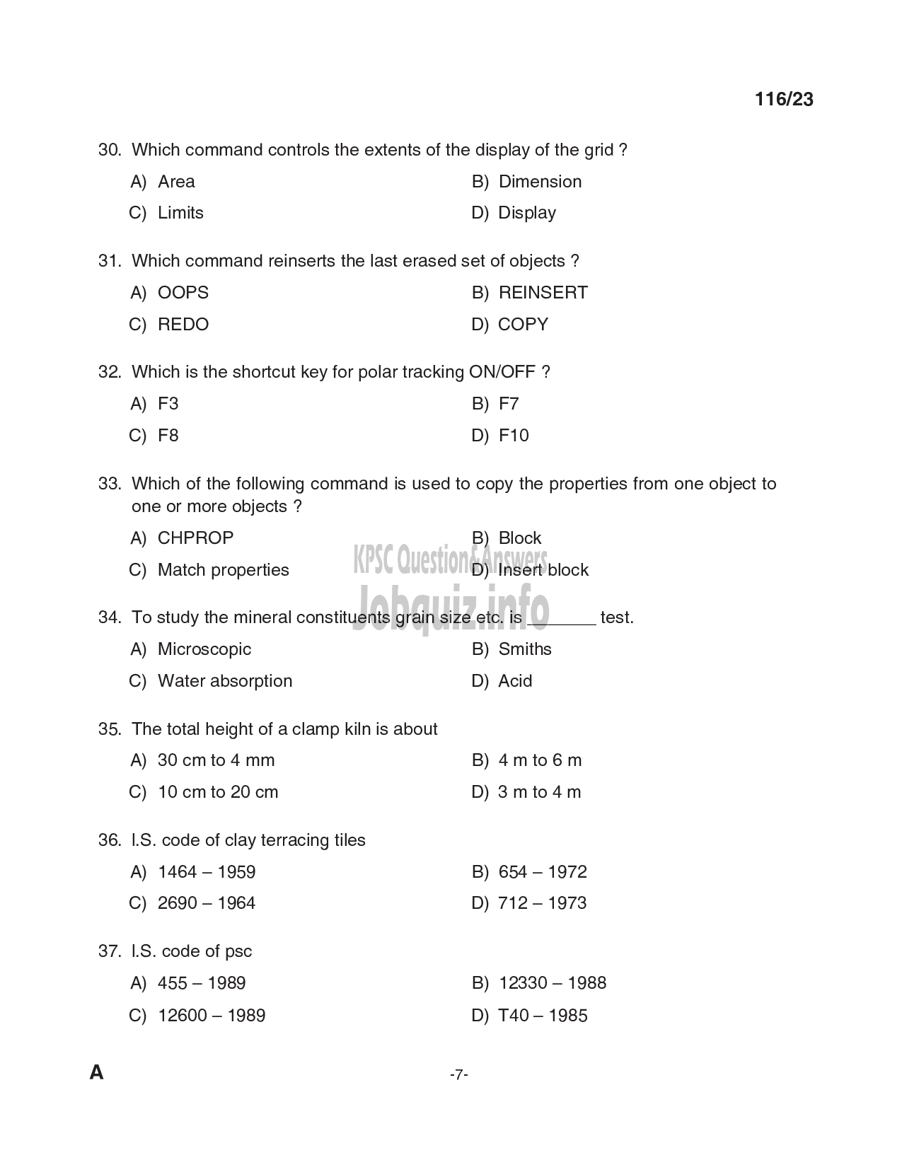 Kerala PSC Question Paper - Work Superintendent - Soil Survey and Soil Conservation-7