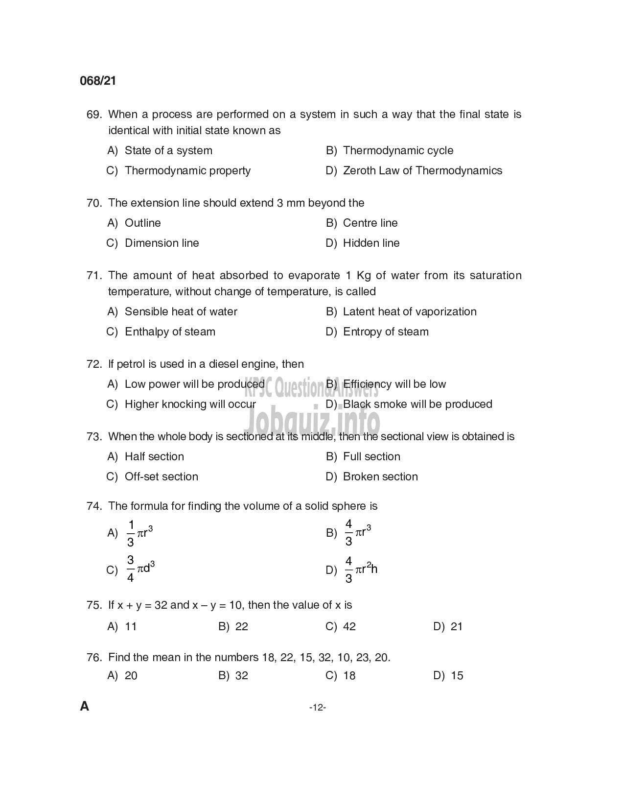 Kerala PSC Question Paper - Work Superintendent/ Tracer/ Overseer G III/Draftsman Gr II in Agriculture/ KWA/ Soil Survey & Soil Conservation -12