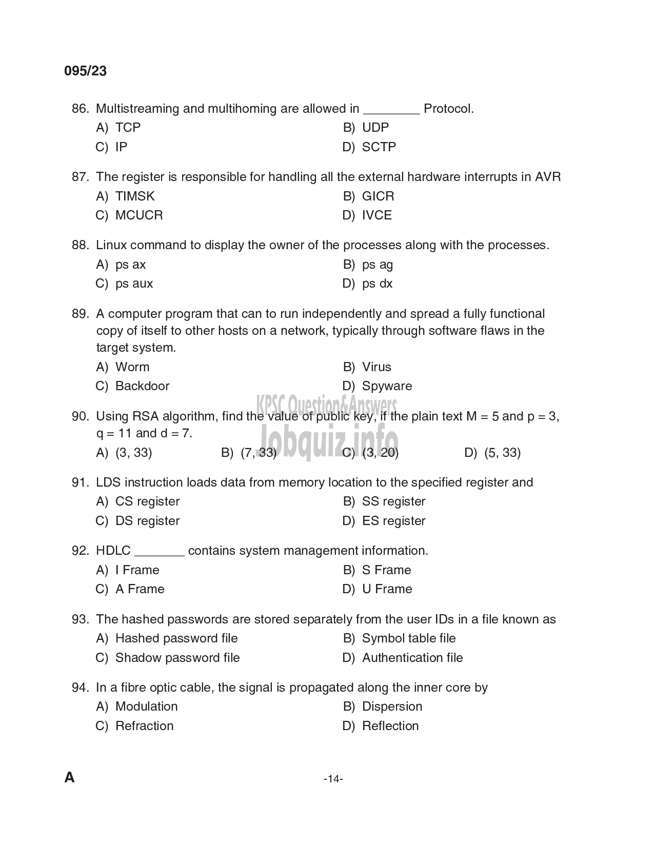 Kerala PSC Question Paper - Workshop Instructor / Demonstrator /Instructor Gr.II in Computer Engineering-14