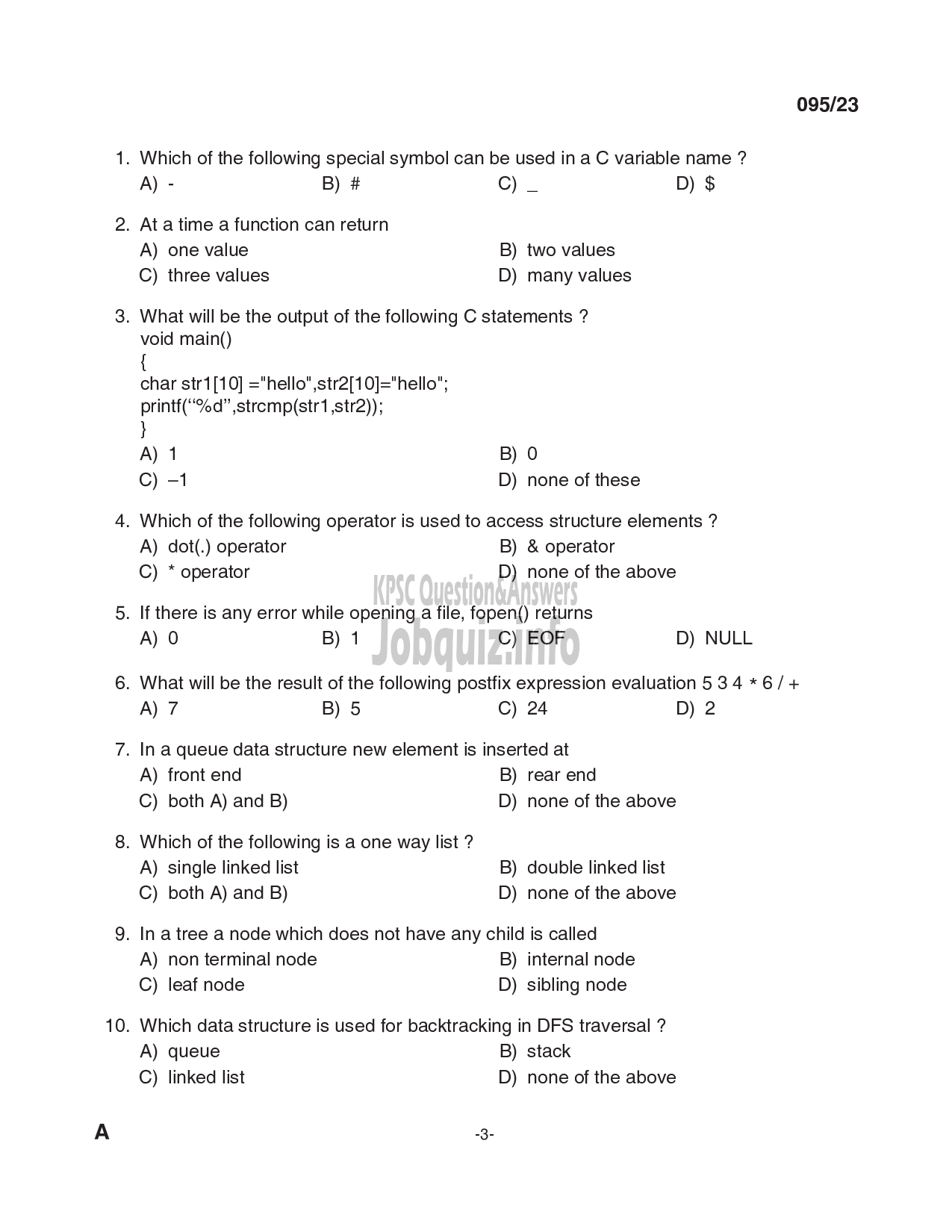 Kerala PSC Question Paper - Workshop Instructor / Demonstrator /Instructor Gr.II in Computer Engineering-3