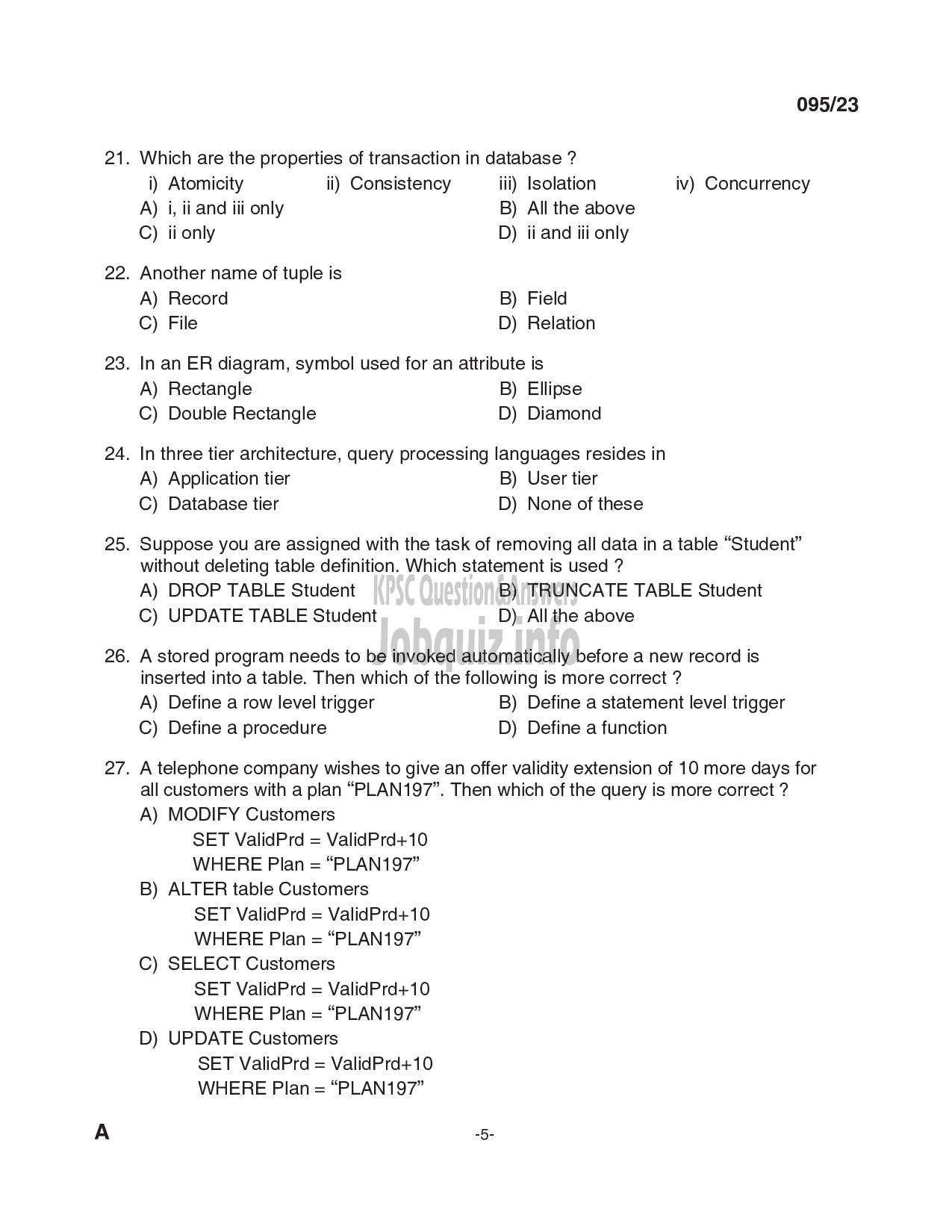 Kerala PSC Question Paper - Workshop Instructor / Demonstrator /Instructor Gr.II in Computer Engineering-5