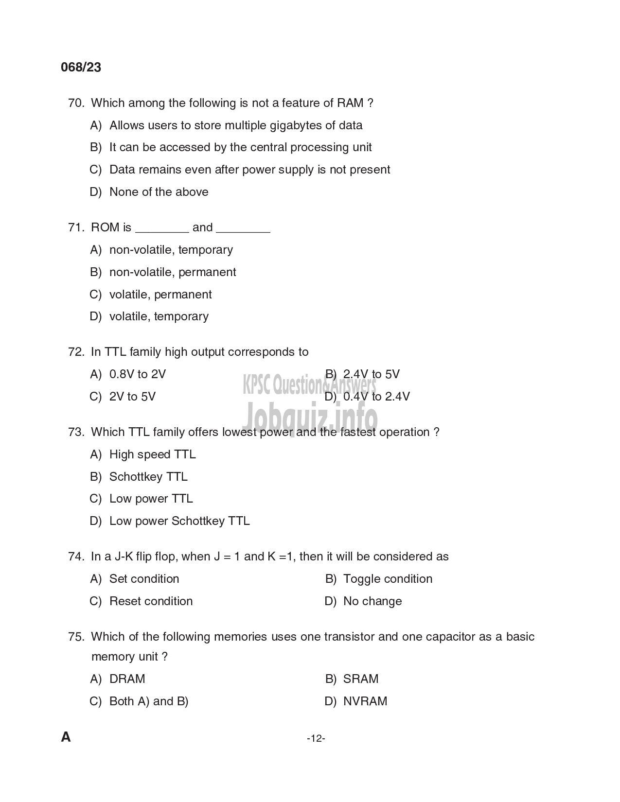Kerala PSC Question Paper - Workshop Instructor/ Instructor Gr. II/ Demonstrator in Electronics Engineering-12