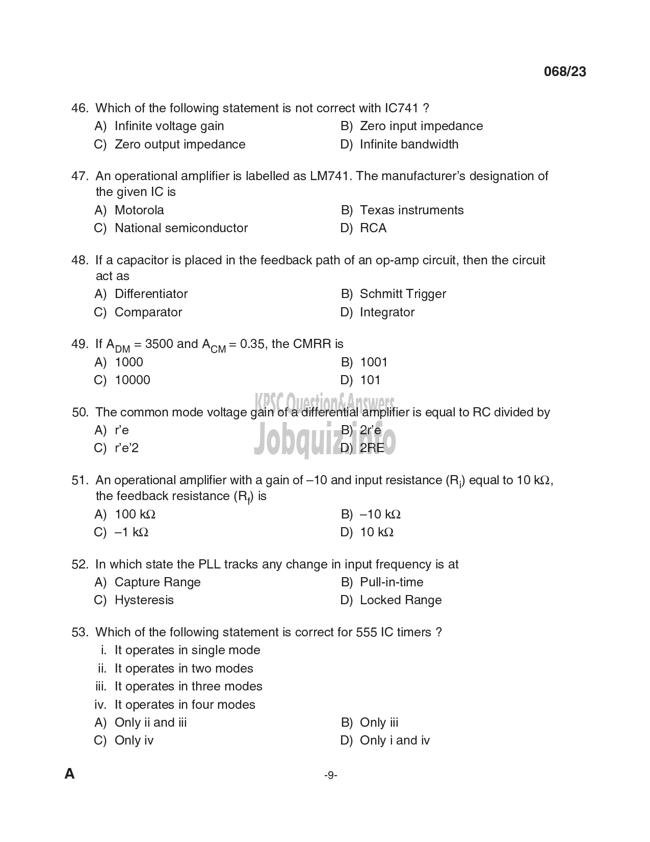 Kerala PSC Question Paper - Workshop Instructor/ Instructor Gr. II/ Demonstrator in Electronics Engineering-9