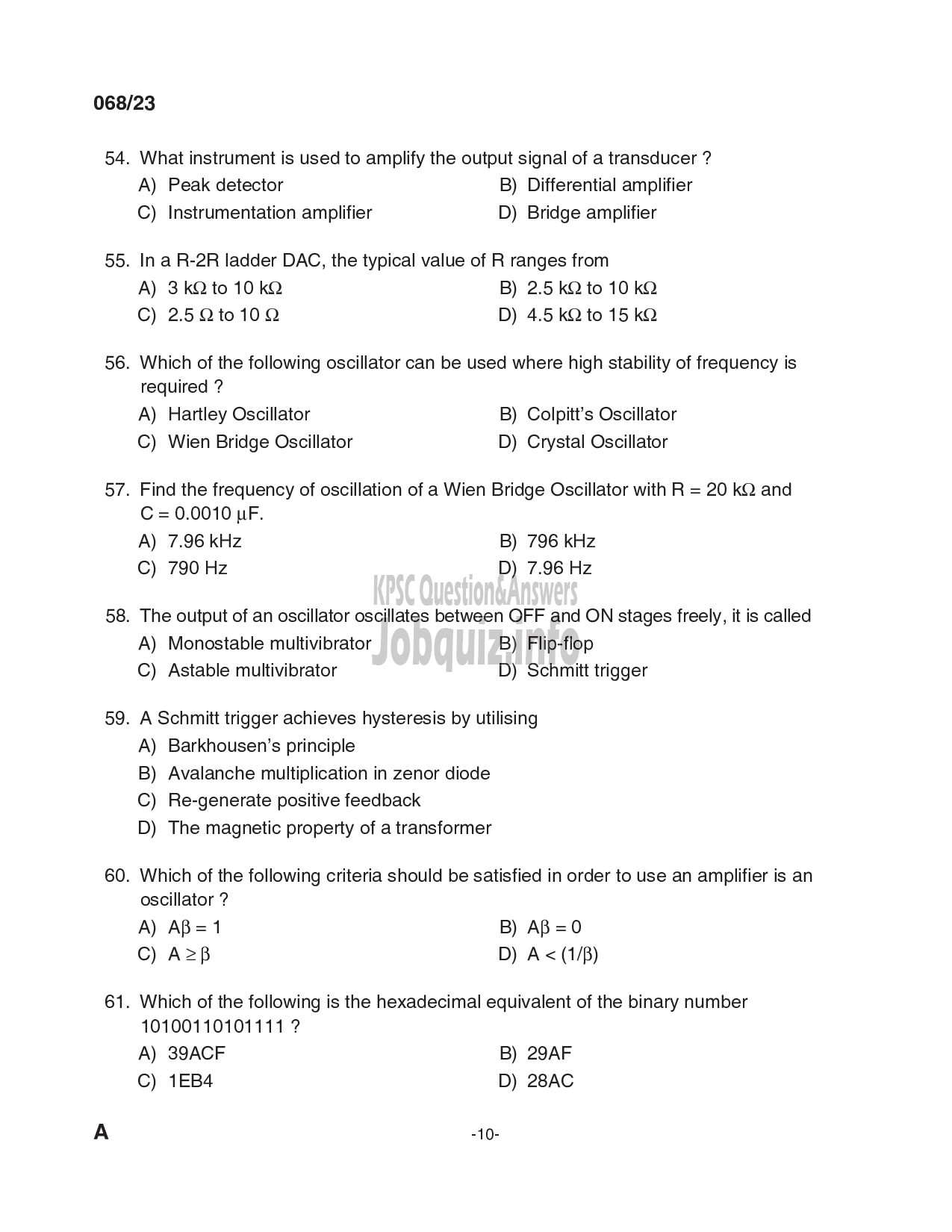 Kerala PSC Question Paper - Workshop Instructor/ Instructor Gr. II/ Demonstrator in Electronics Engineering-10