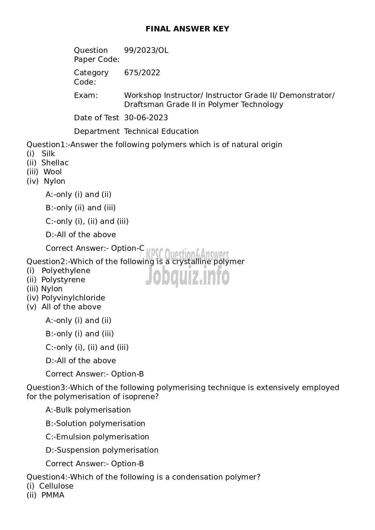 Kerala PSC Question Paper - Workshop Instructor/ Instructor Grade II/ Demonstrator/ Draftsman Grade II in Polymer Technology-1