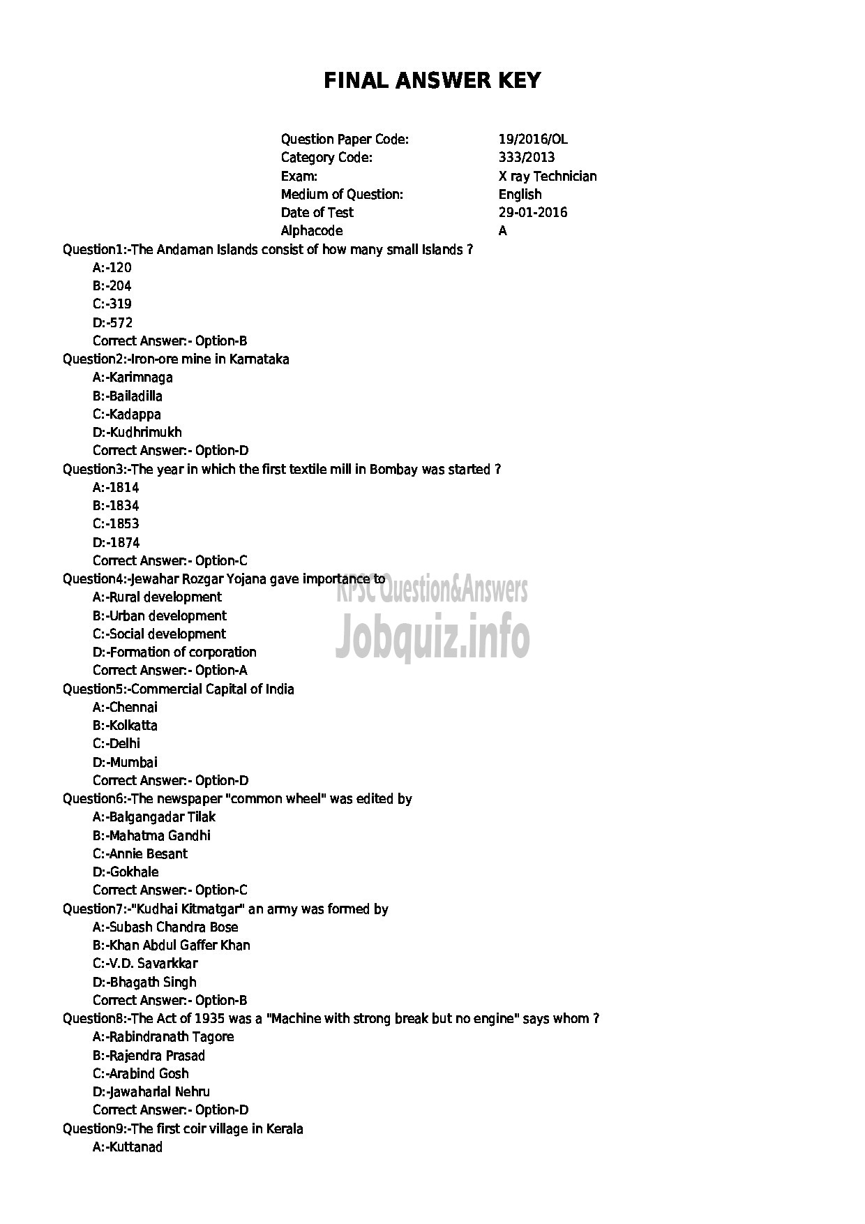 Kerala PSC Question Paper - X RAY TECHNICIAN HOMOEO PATHIC MEDICAL COLLEGES-1