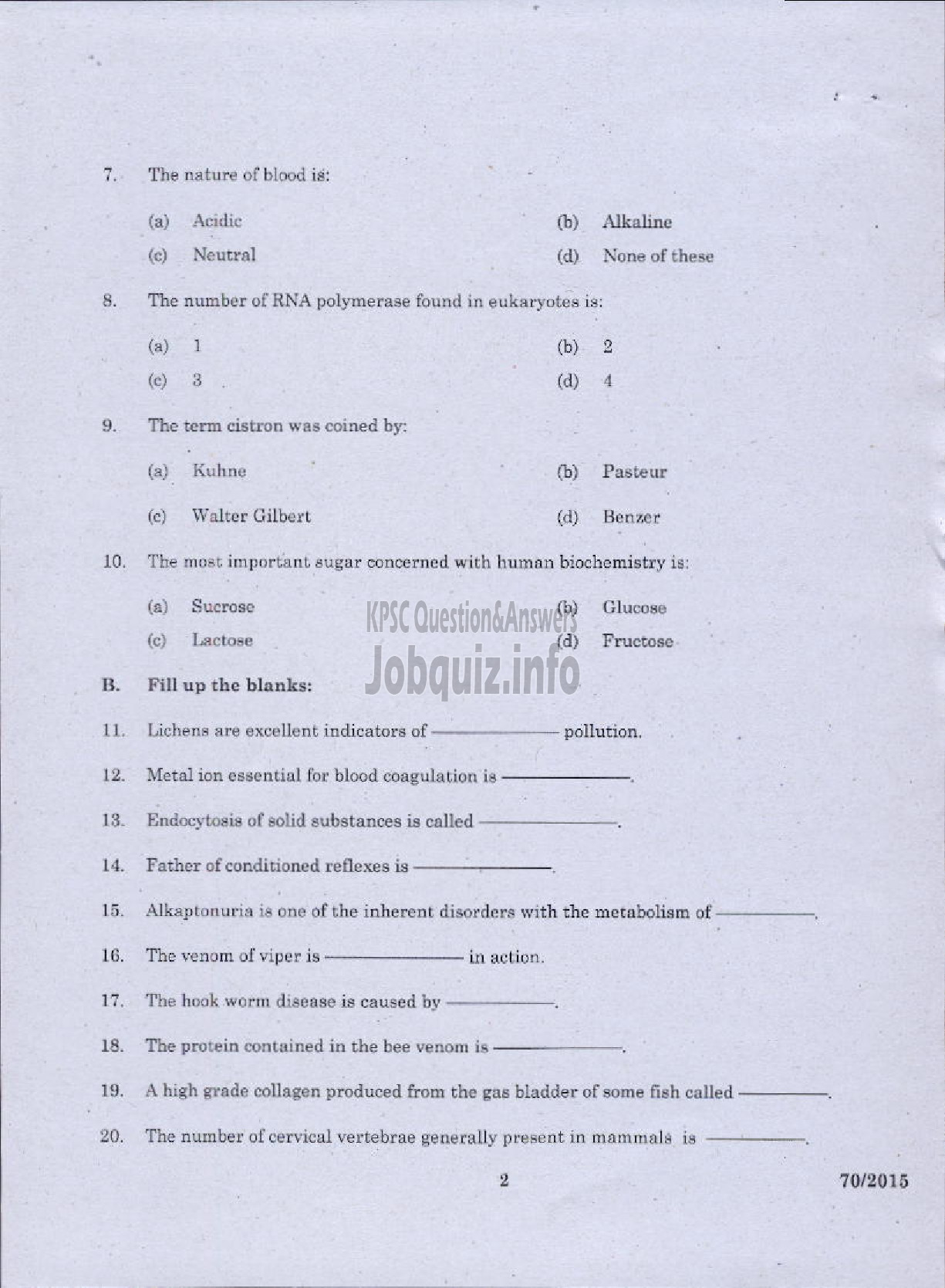 Kerala PSC Question Paper - ZOOLOGY QUESTION PAPER-2