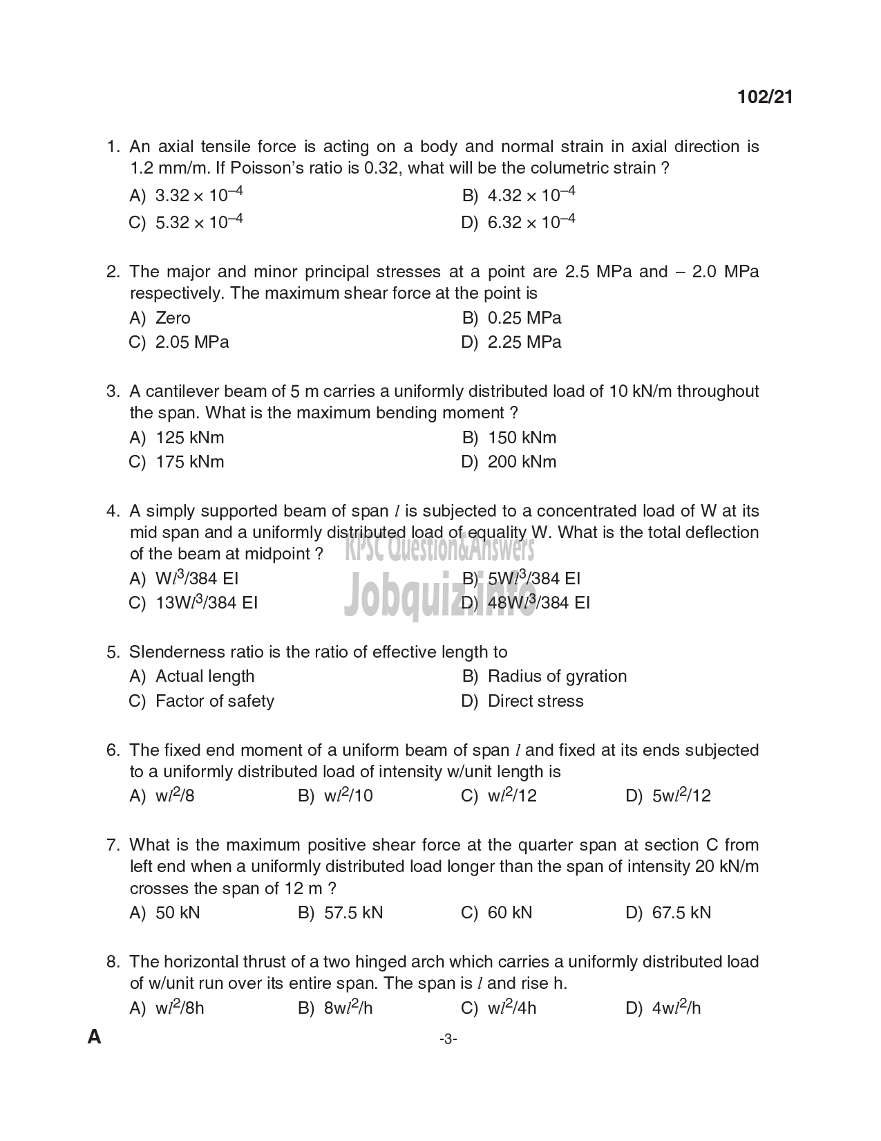 Kerala PSC Question Paper -  Assistant Engineer (Civil)/ Head Draftsman etc in Irrigation/ LSGD/ KSHB/ KTDC etc Cat.No: 210/2019, 125/2020, 126/2020, 191/2020, 005/2021, 028/2021, 128/2021, 134/2021, 206/2021-3